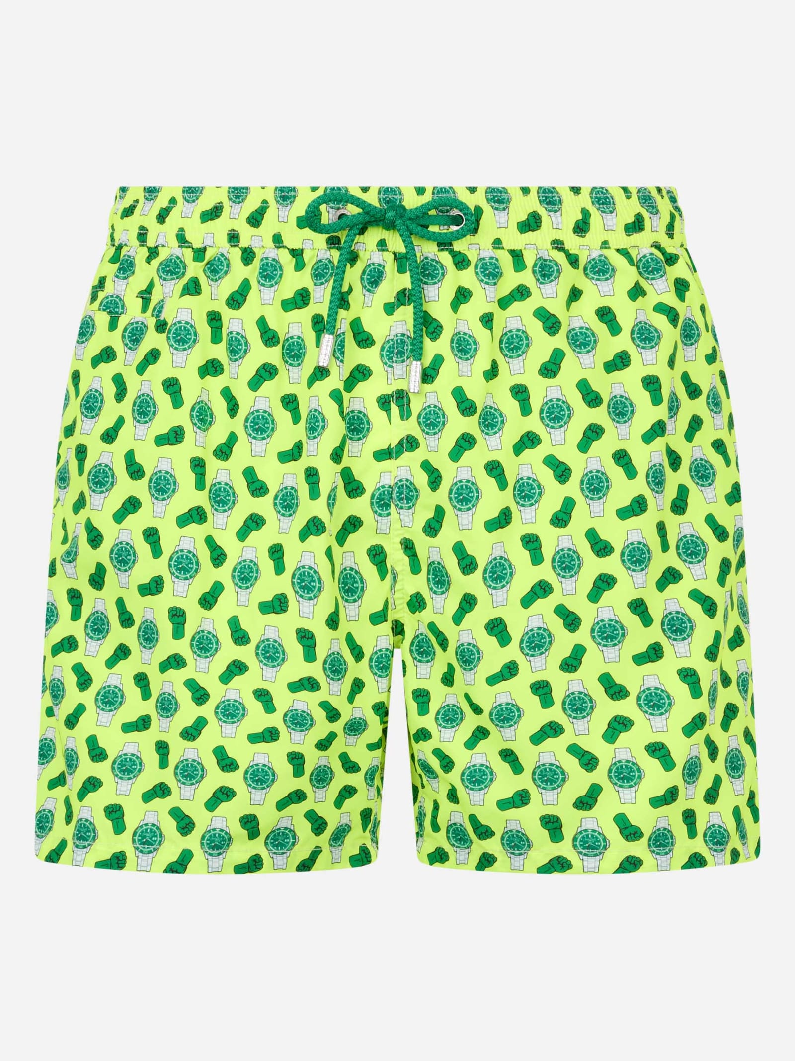 Shop Mc2 Saint Barth Man Lightweight Fabric Swim-shorts Lighting Micro Fantasy With Watches Print In Yellow