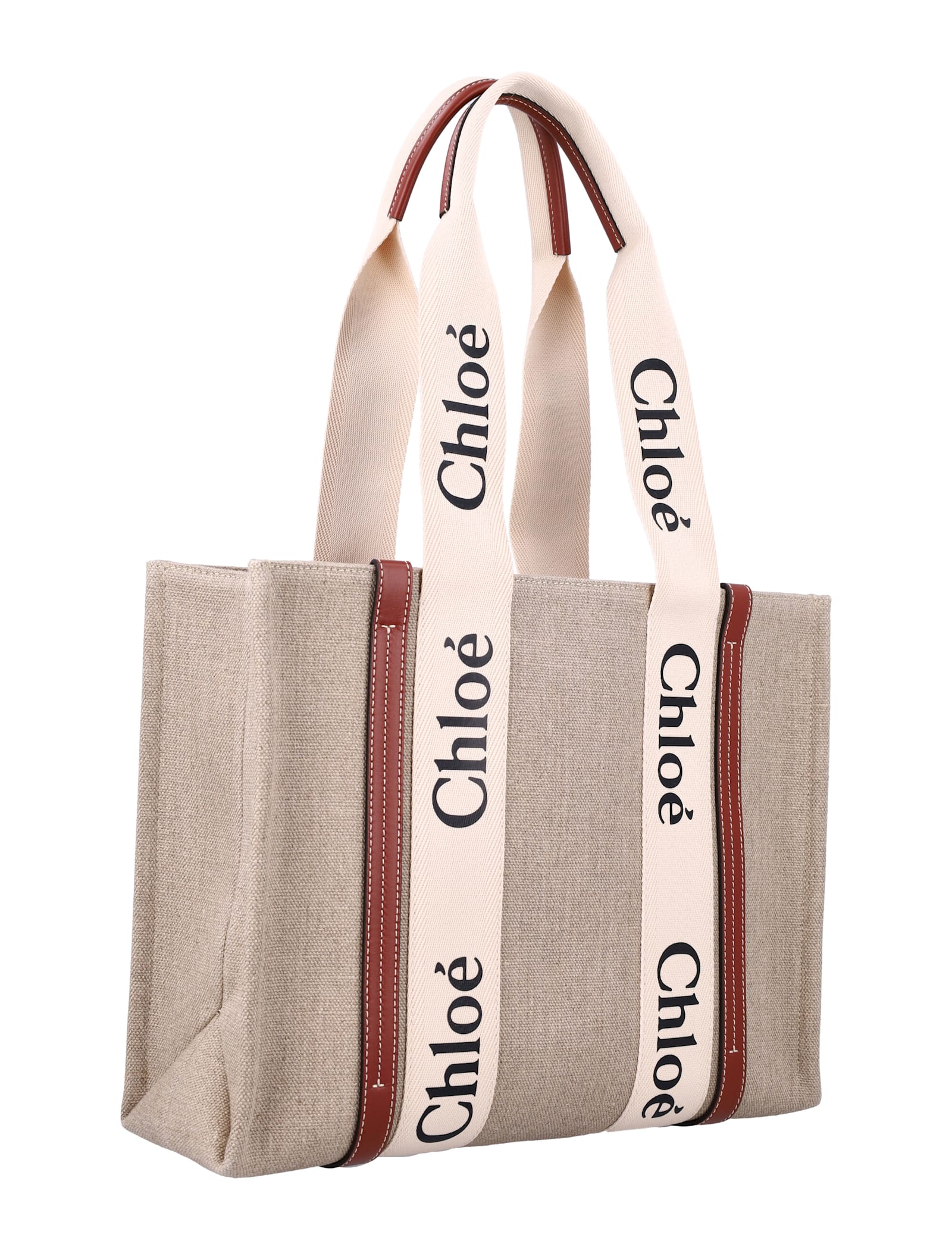 Shop Chloé Linen Woody Tote Bag In White - Brown 1