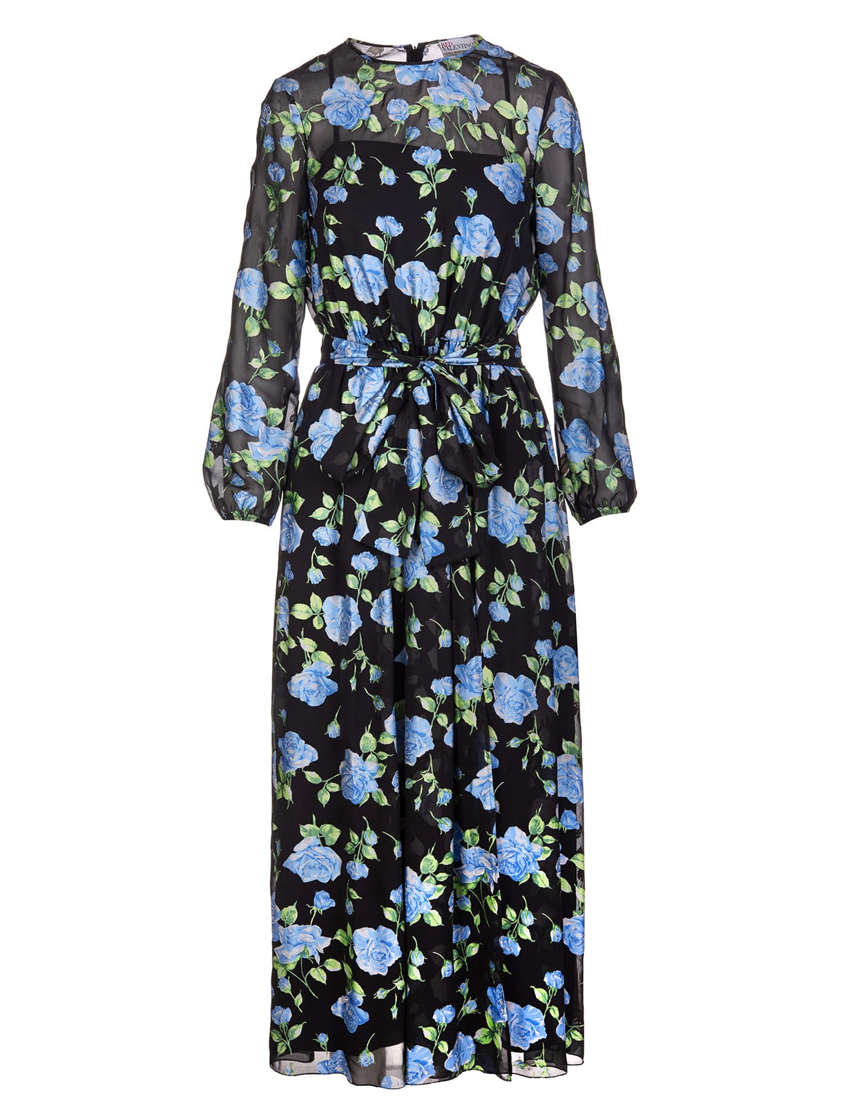 RED Valentino Long Black Chiffon Dress With All-over Blue Roses Print