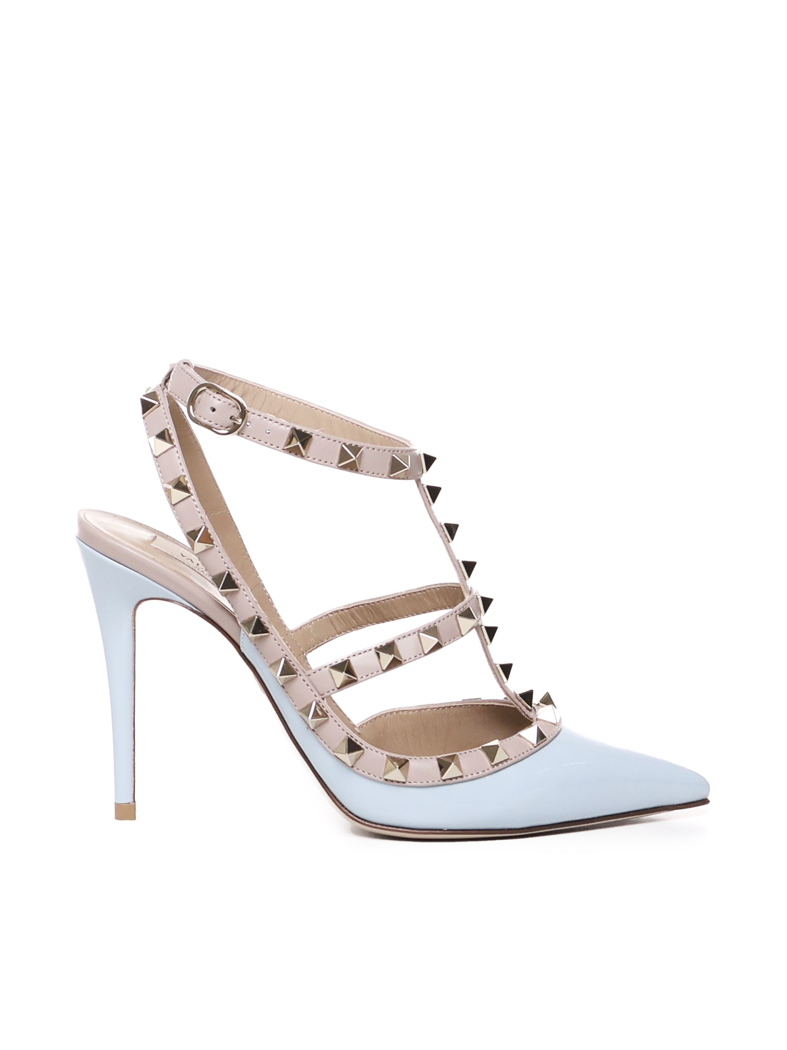 Shop Valentino Rockstud Pumps In Patent Leather In Blu Porcellana/poudre