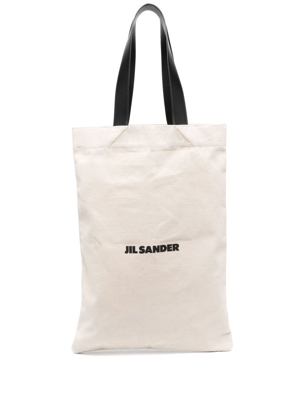 Shop Jil Sander White Tote Bag With Logo Print In Canvas Woman In Beige