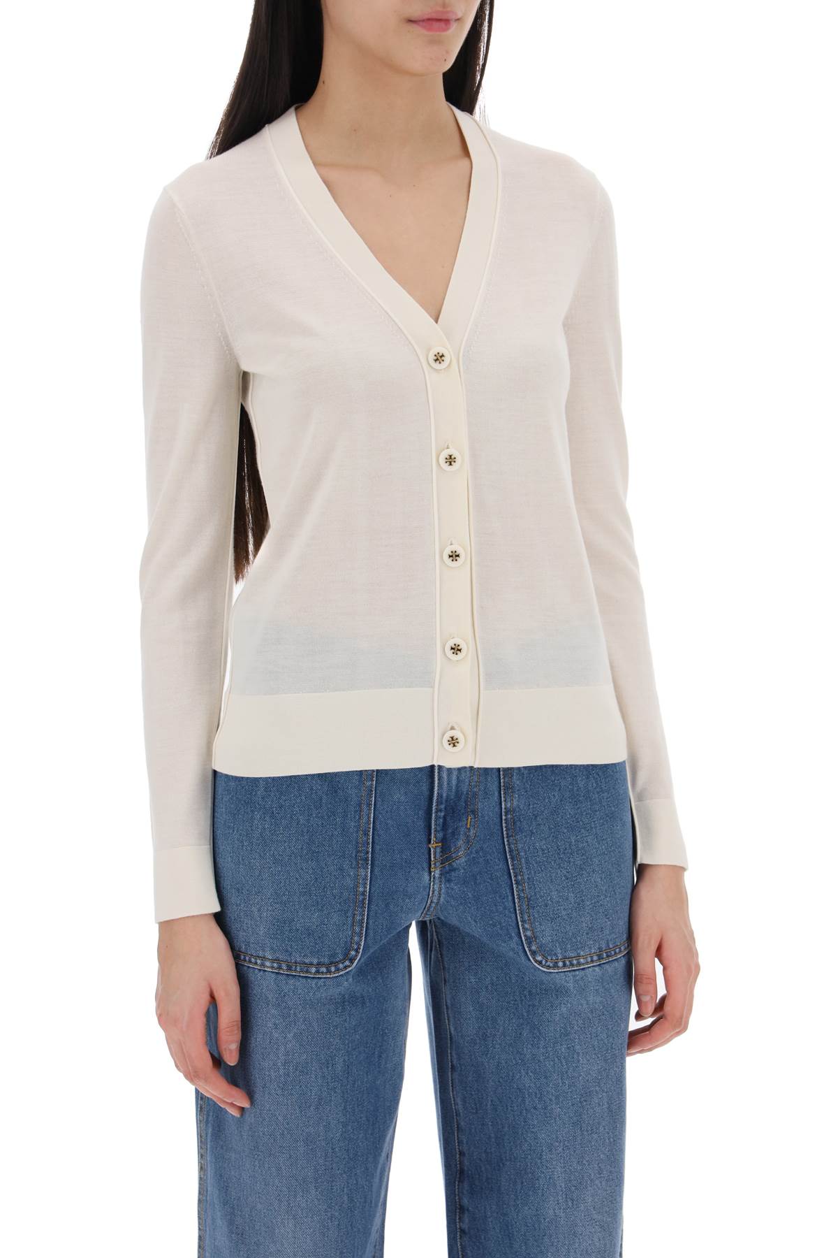 Shop Tory Burch Simone Wool And Silk Cardigan In New Ivory (beige)