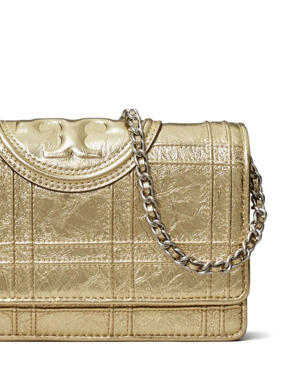 Shop Tory Burch Fleming Soft Metallic Square Quilt Chain Wallet In Gold