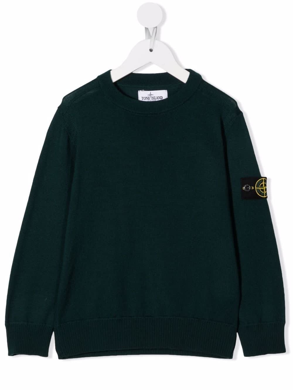 Stone Island Junior Kids Round-neck Sweater In Dark Green Shaved Wool With Logo Patch