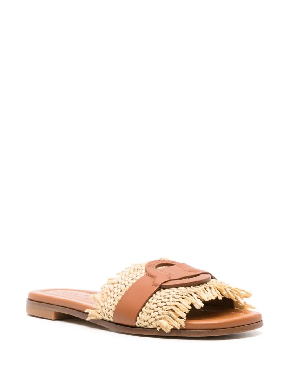 Shop Moncler Raffia And Leather Bell Slides In Brown