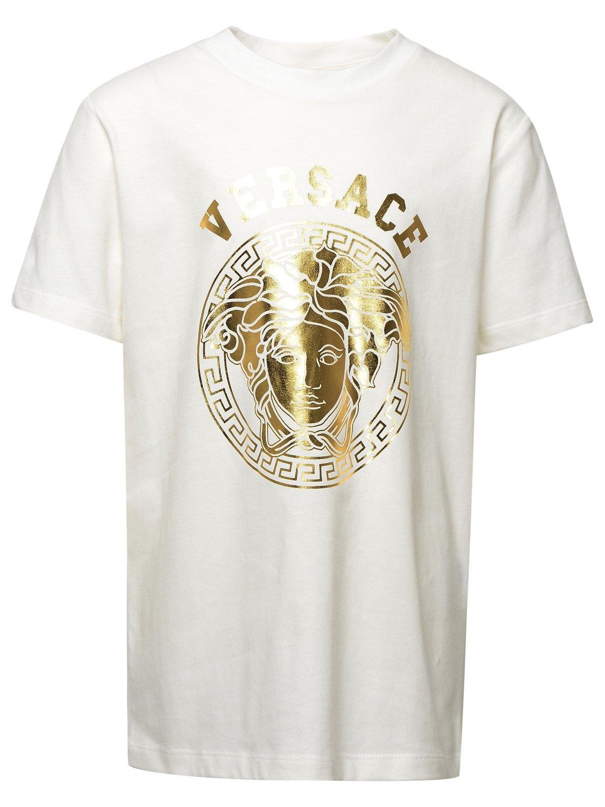 Young Versace Kids' Medusa Head Metallic-printed Crewneck T-shirt In Bianco Oro