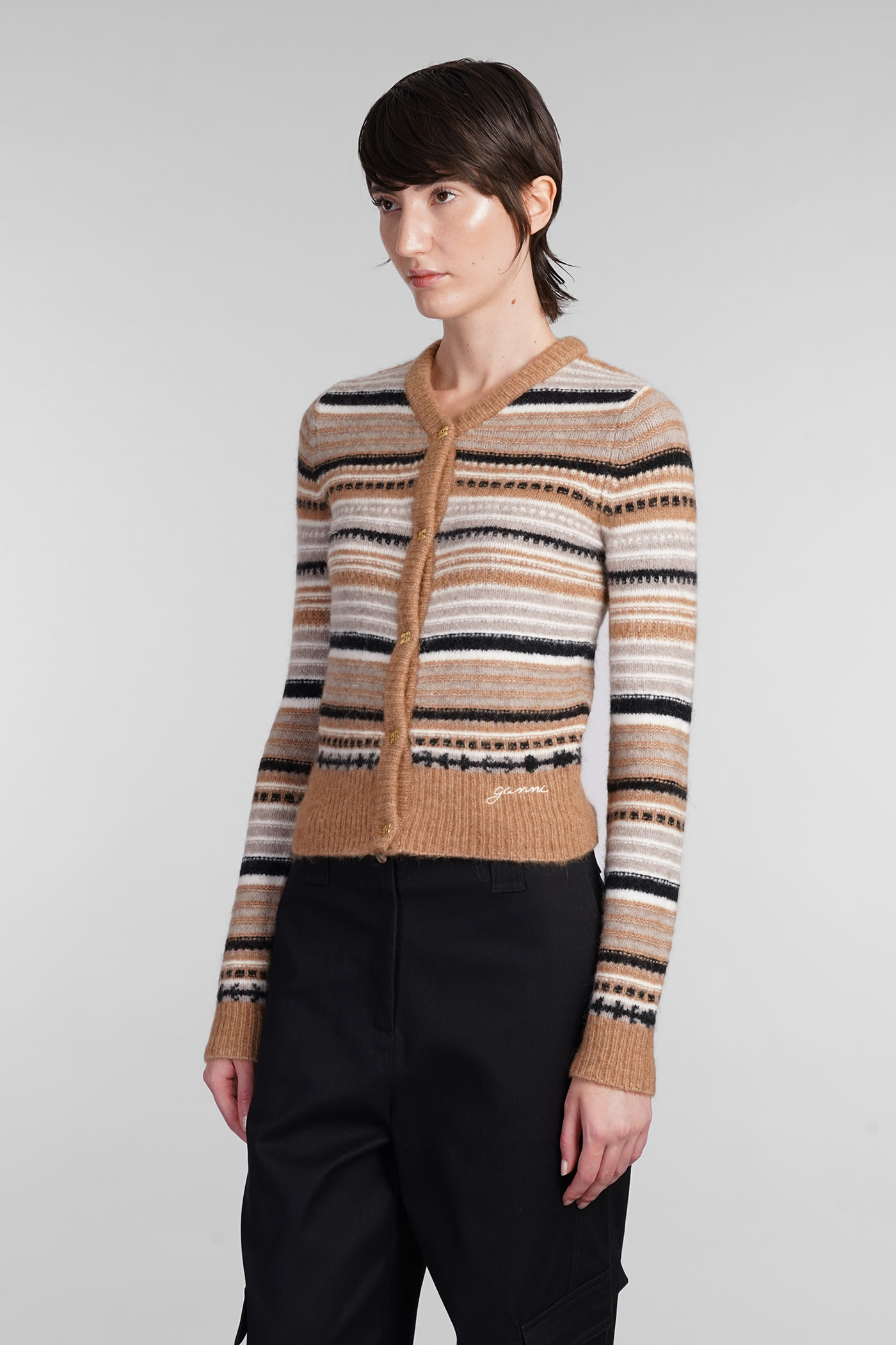 Shop Ganni Cardigan In Beige Wool