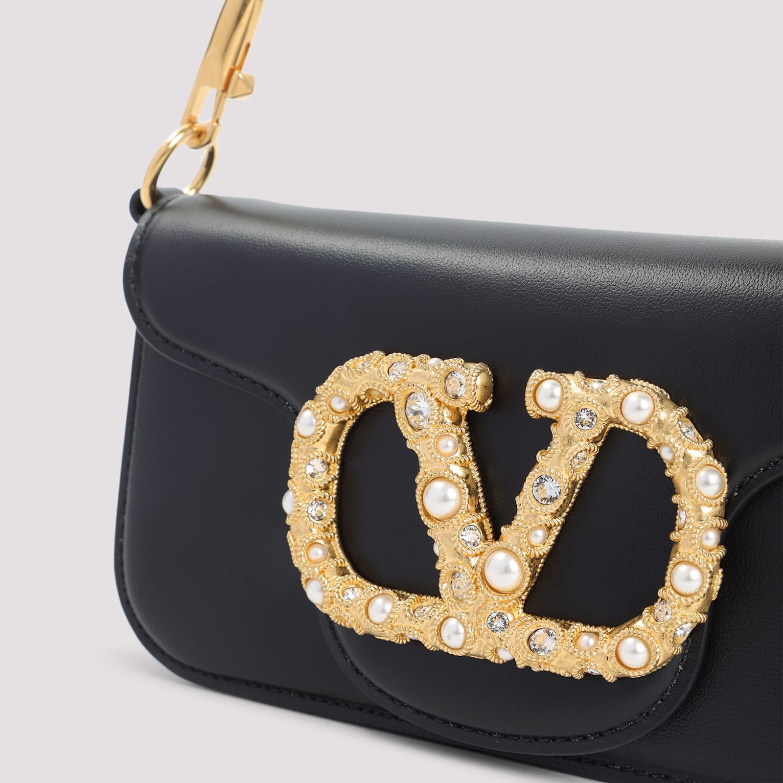 Valentino Small Leather Shoulder Bag With Crystal And Pearl Embellishments In Black