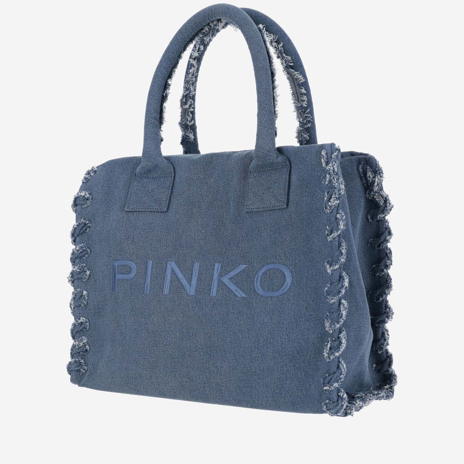 Shop Pinko Cotton Denim Tote Bag With Logo In Denim Blu-antique Gold