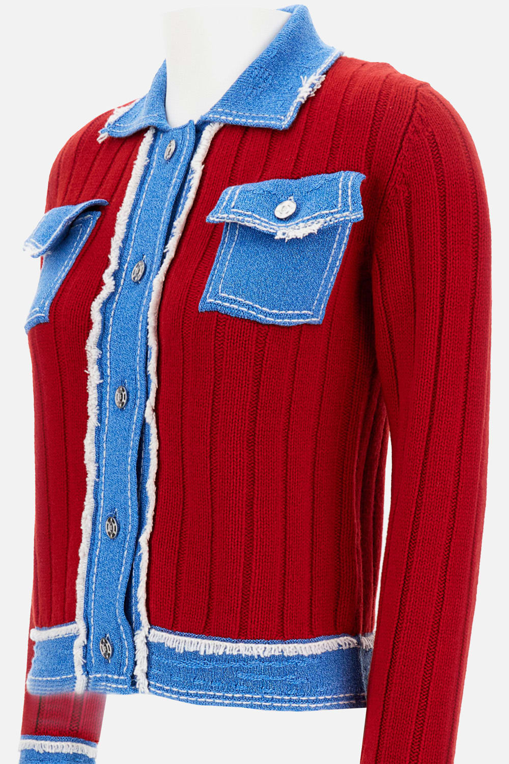 Barrie Ribbed-knit Denim-trimmed Jacket In Red