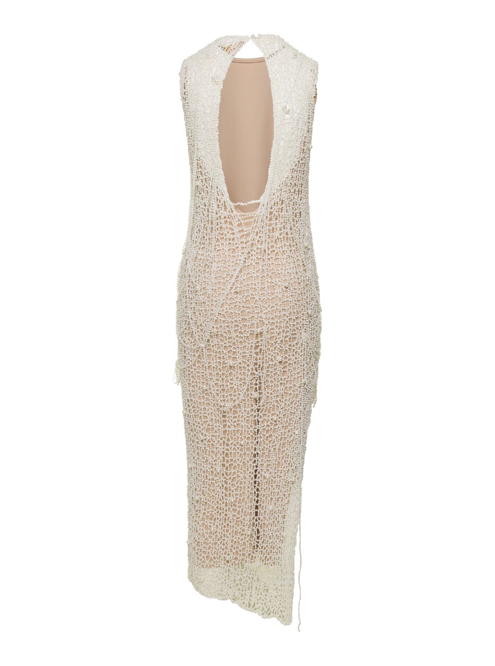 SPORTMAX MAXI WHITE DRESS WITH STRING OF PEARLS IN CROCHET WOMAN 