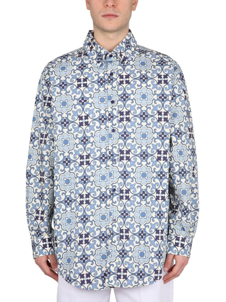 Drôle De Monsieur Printed Button-down Collar Shirt With Long Sleeves In Blue