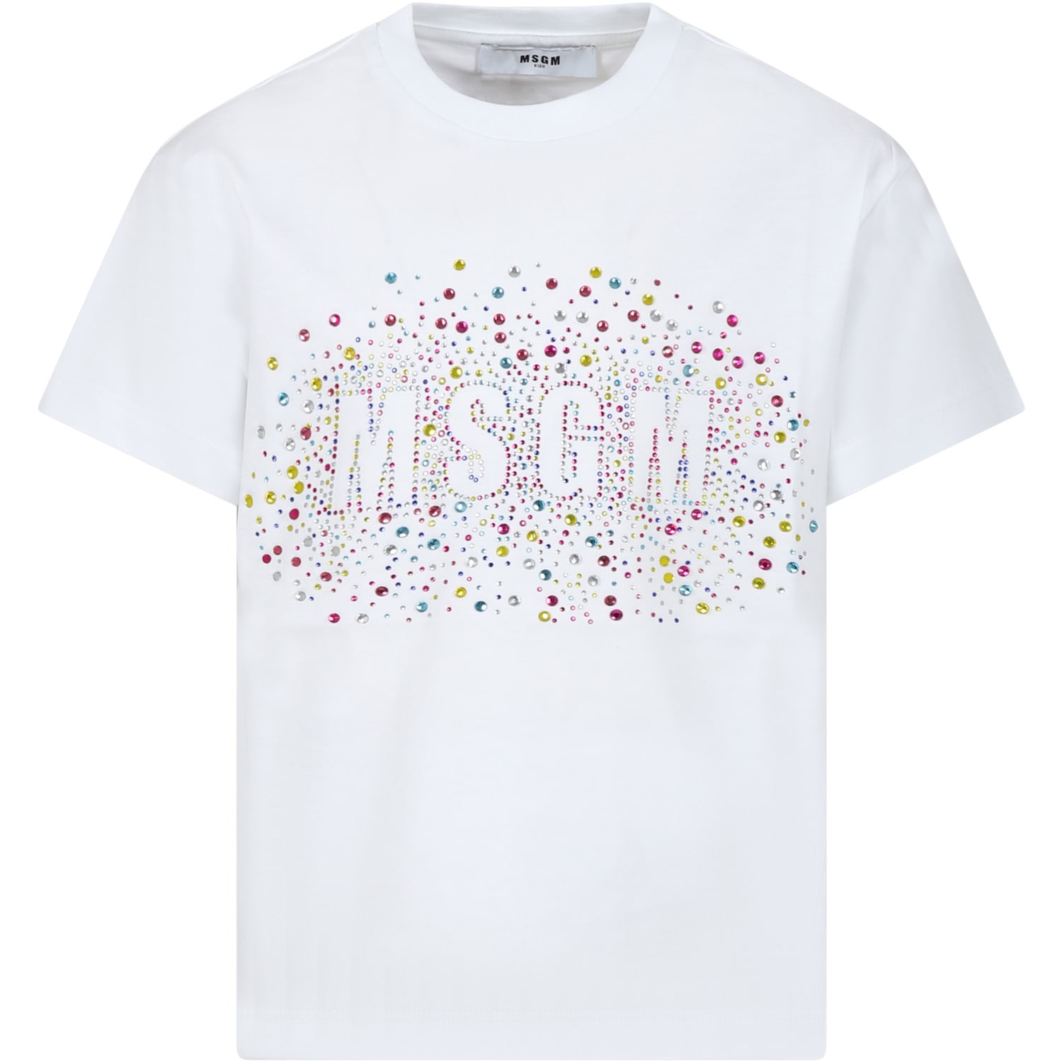 Msgm Kids' White T-shirt For Girl With Logo And Rhinestones