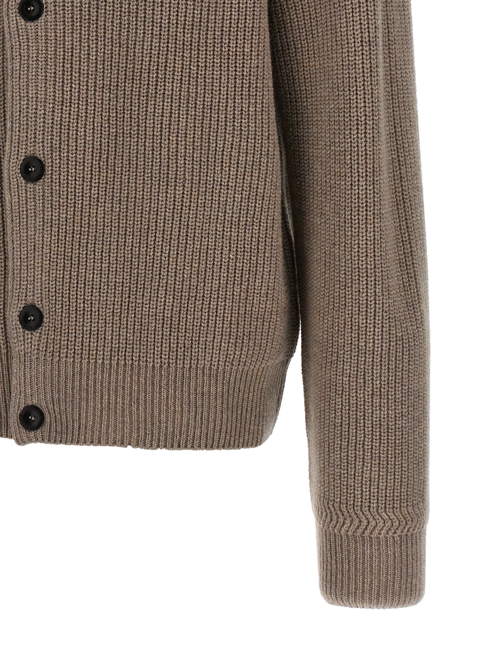 Giorgio Armani Ribbed Texture High Neck Cardigan With Front Pockets In Mole
