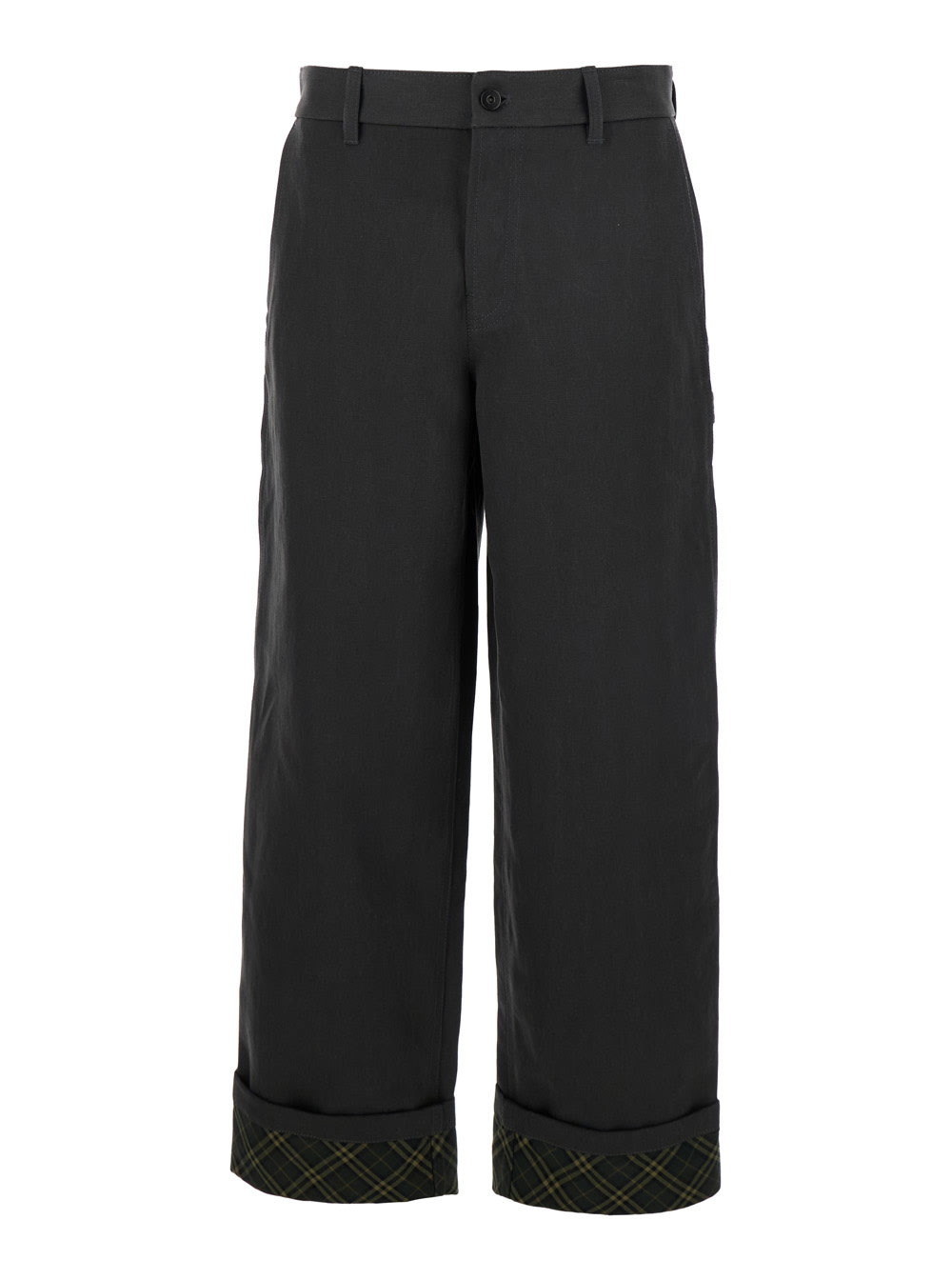 Shop Burberry Black Pants With Logo Embroidery On The Side And Turn-up Checked Hem In Cotton Man