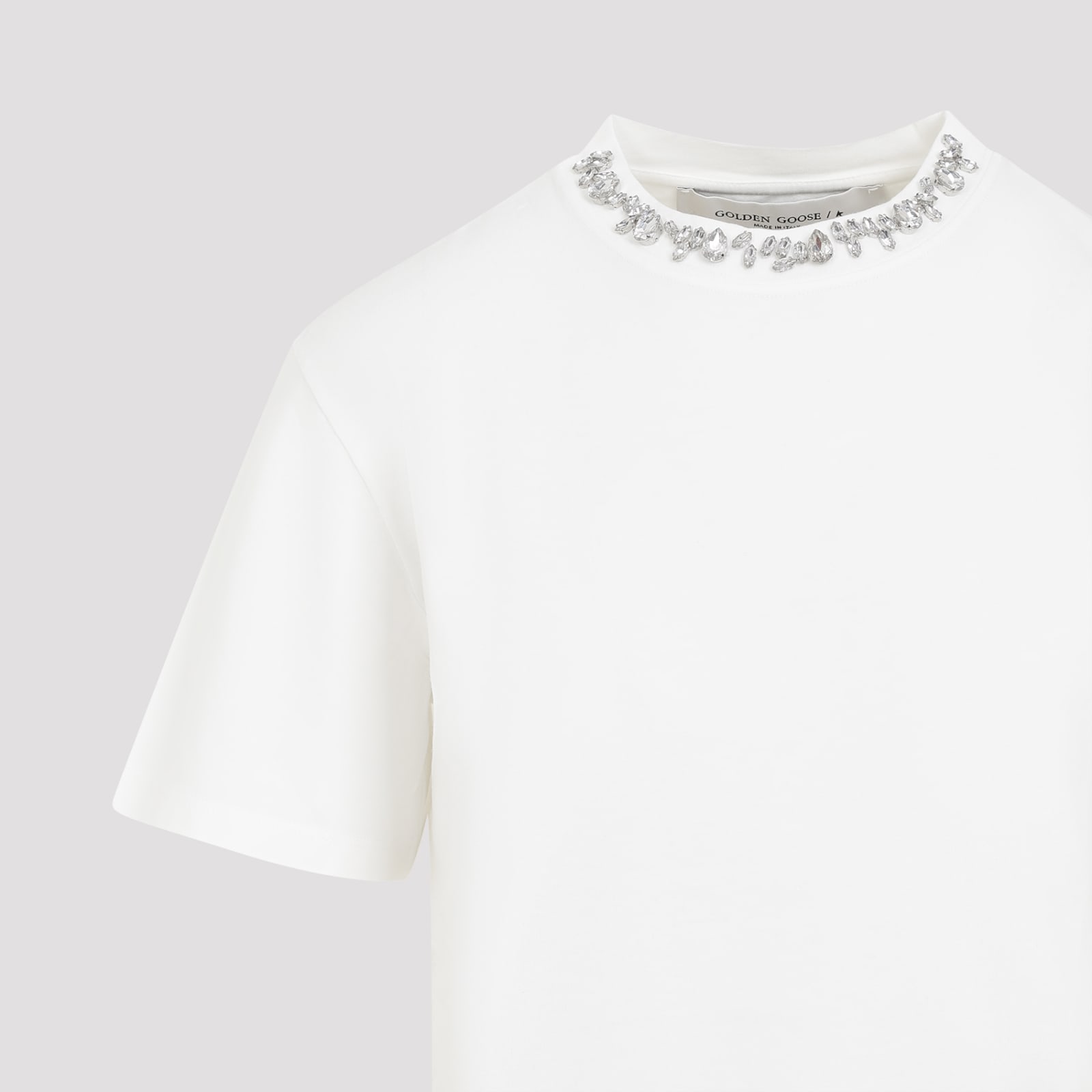 Golden Goose White Crewneck T-shirt With Rhinestone Embellishments On The Collar And Logo Detail On The Rear In White