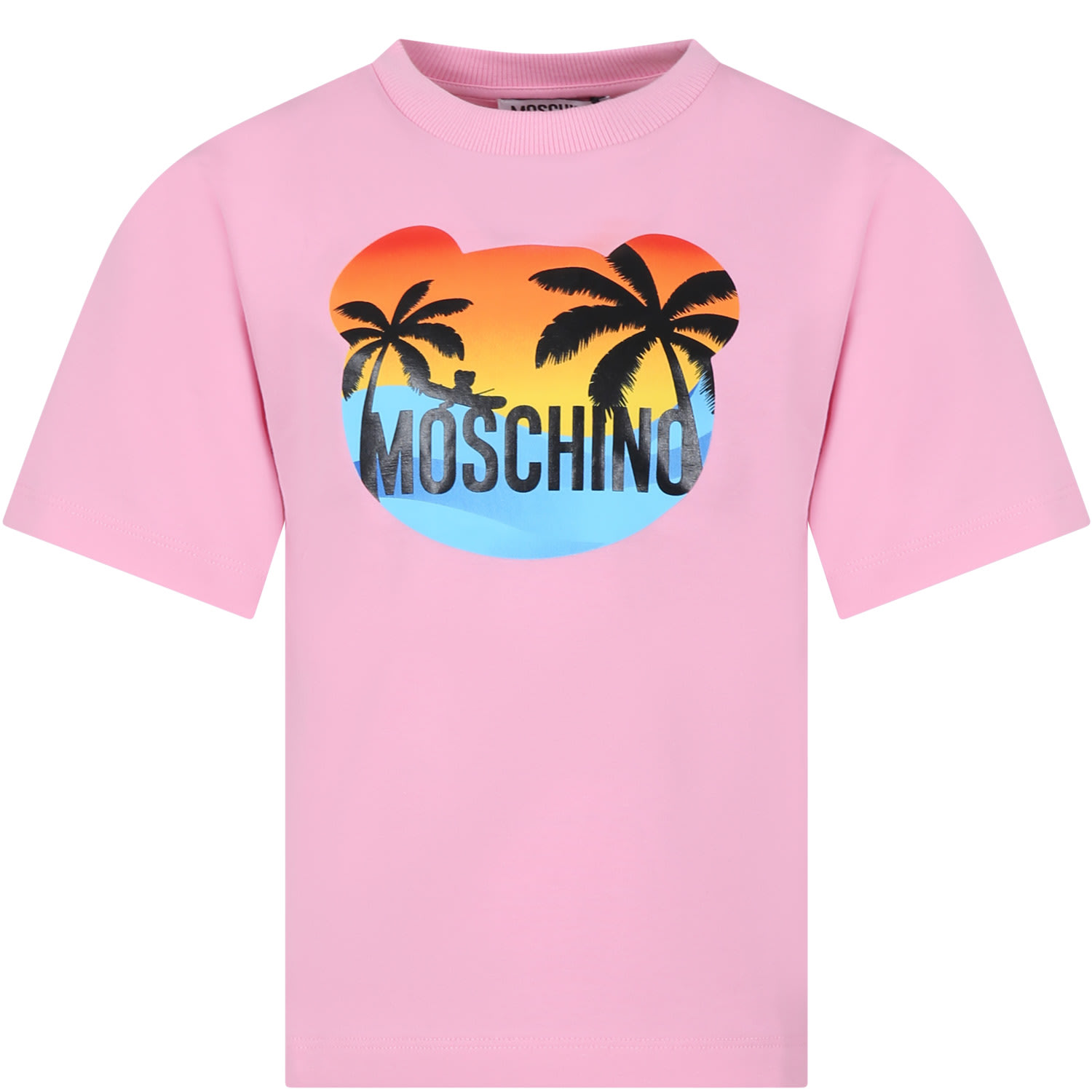 Moschino Pink T-shirt For Kids With Multicolor Print And Logo