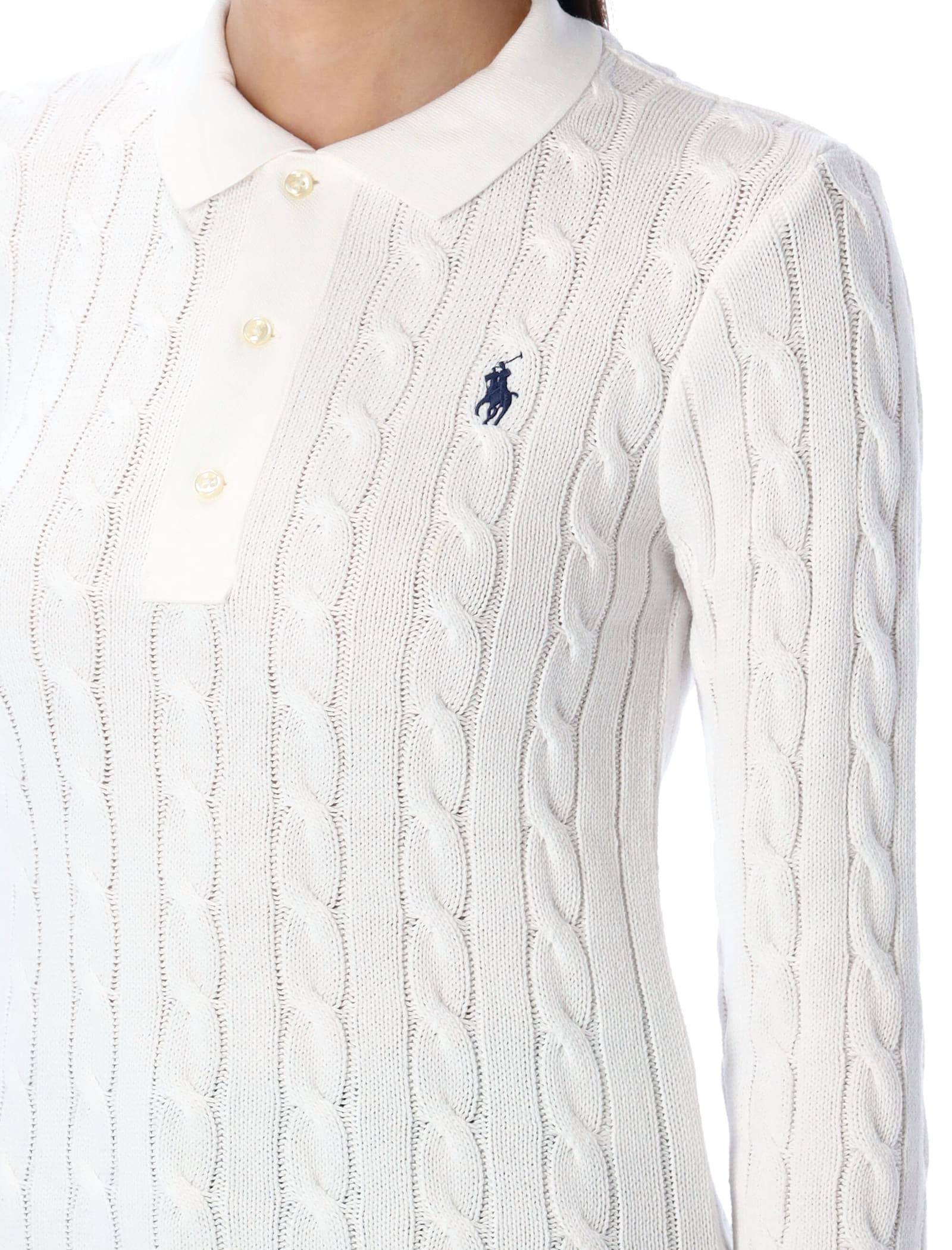 Polo Ralph Lauren Cable Knit Long Sleeve Polo In White