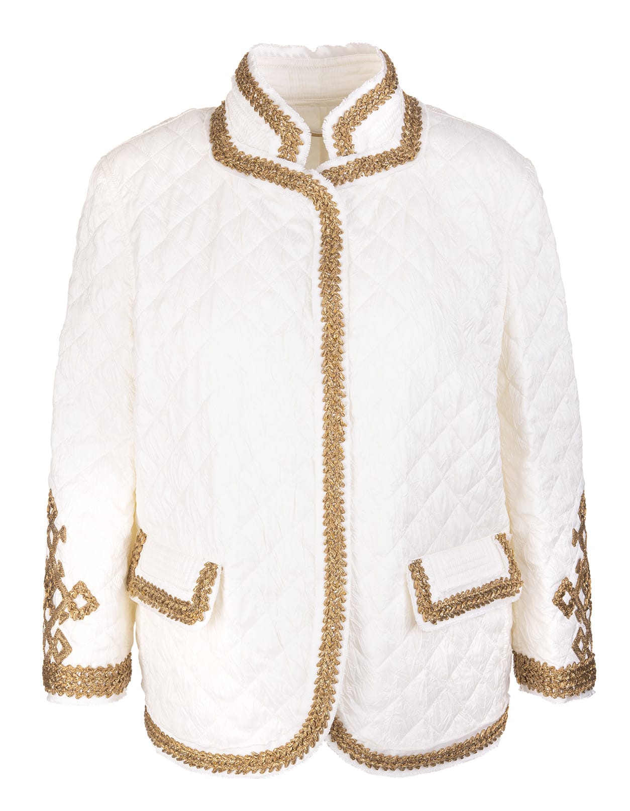 Ermanno Scervino Short Ivory Puffer Jacket With Golden Profiles
