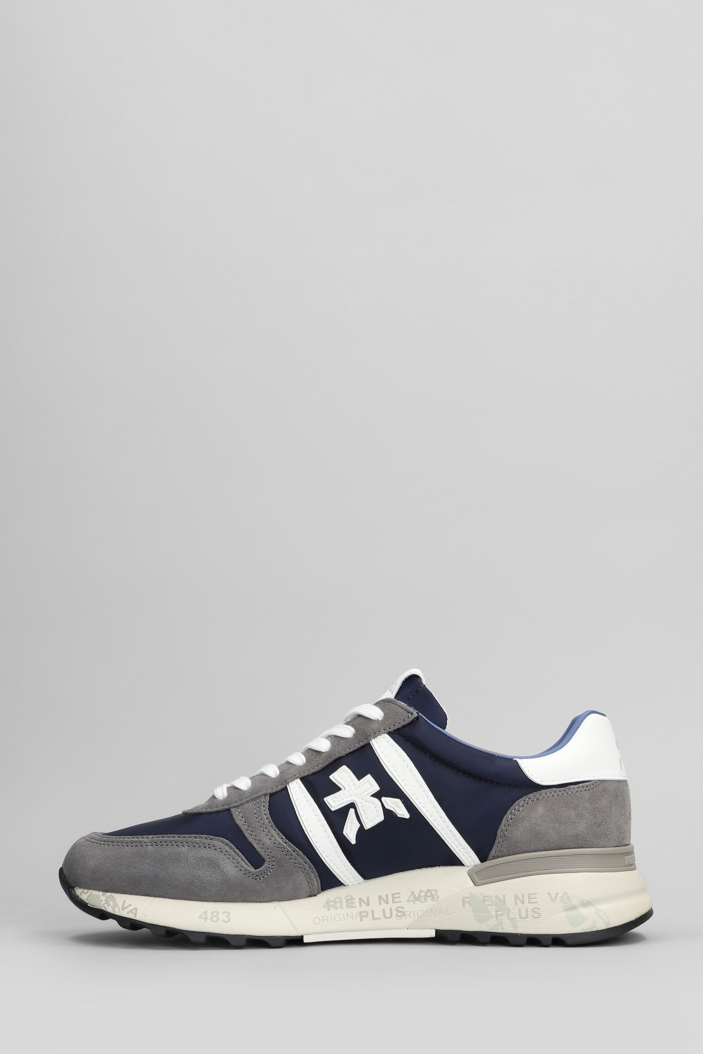 Premiata Lander Sneakers In Blue Suede And Fabric In Multi