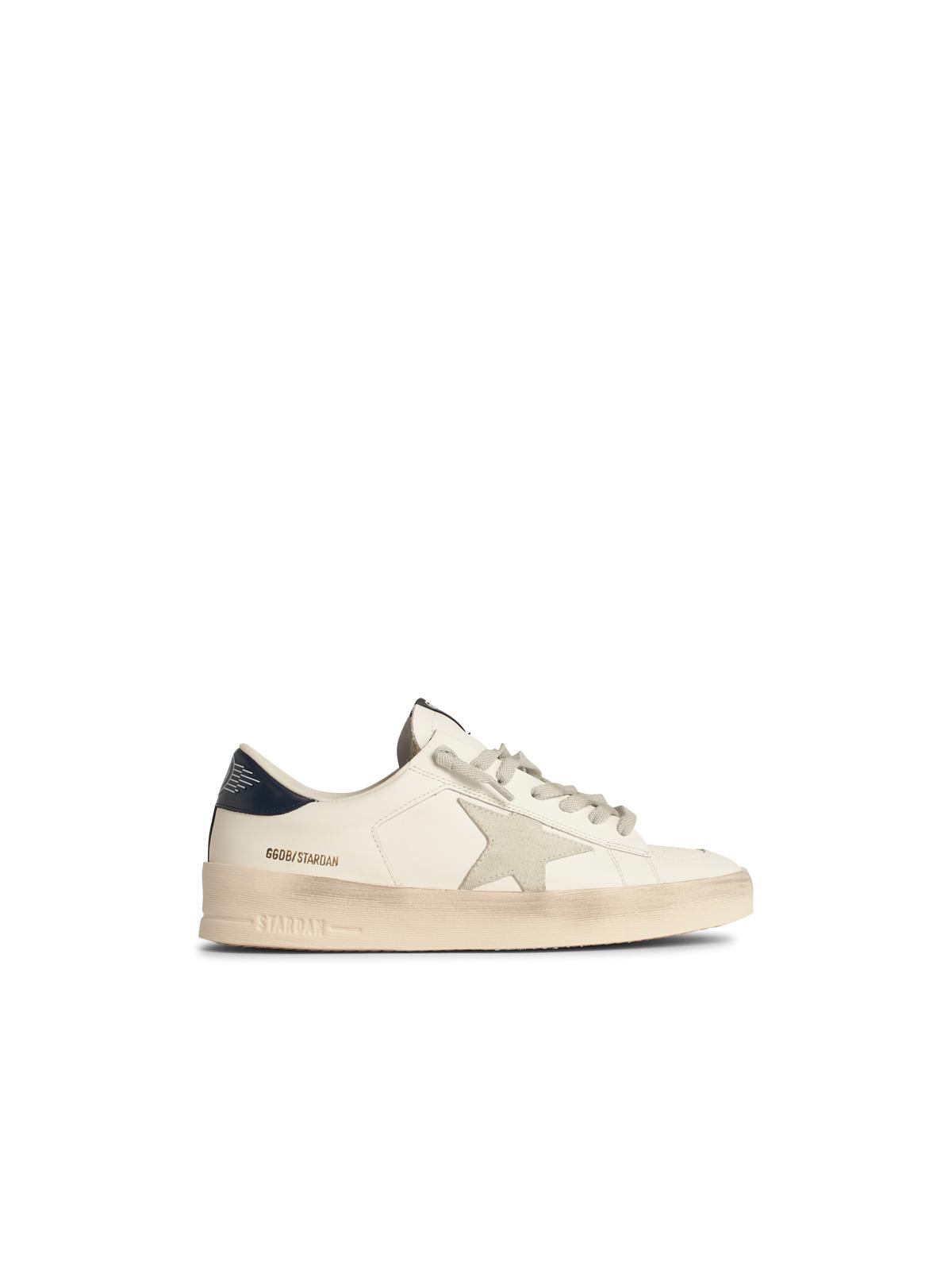 Golden Goose Mens Standard In White Leather With Grey Suede Star And Blue Leather Heel In White