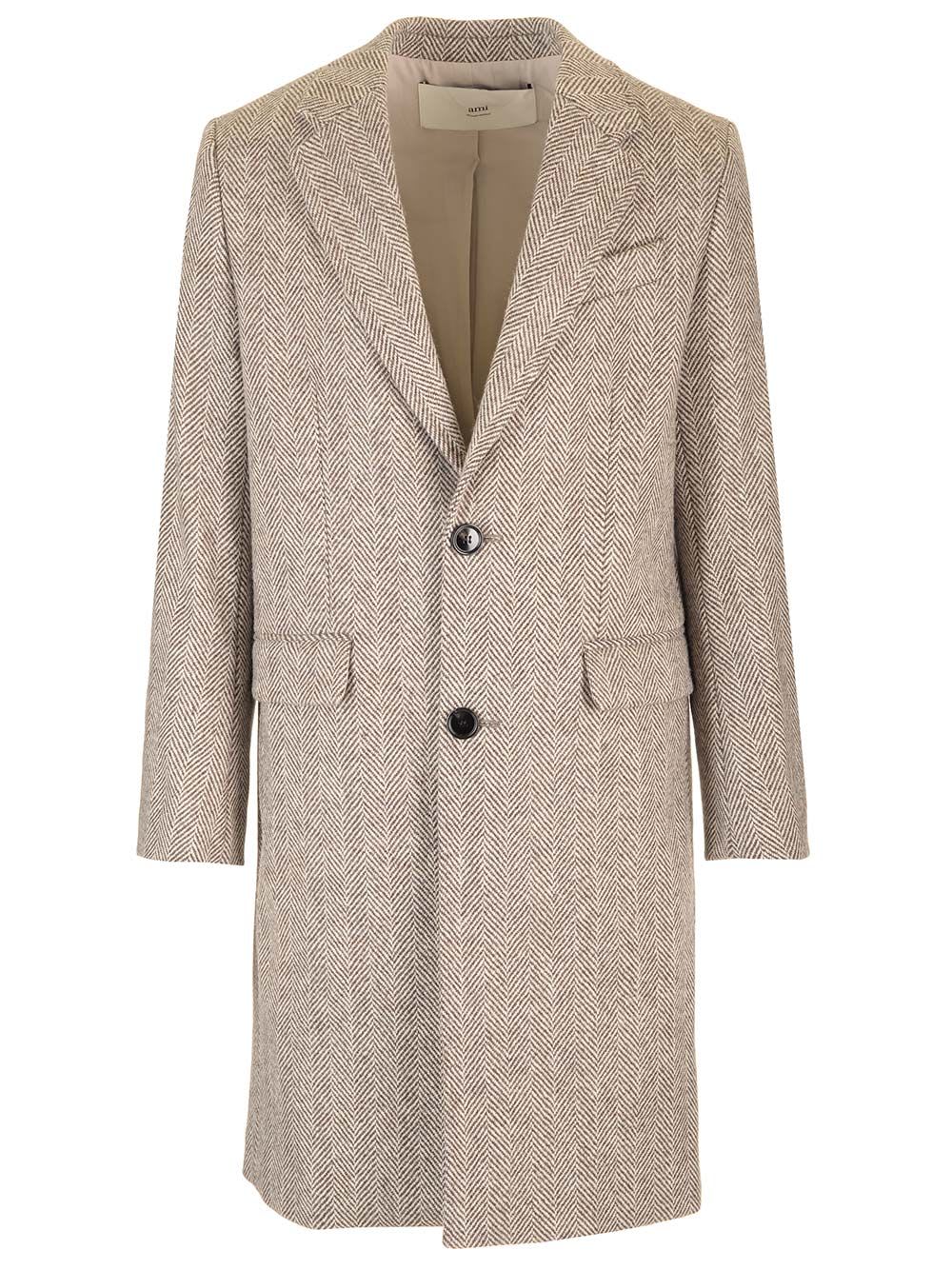 Ami Alexandre Mattiussi Coat In Brown Herringbone Fabric