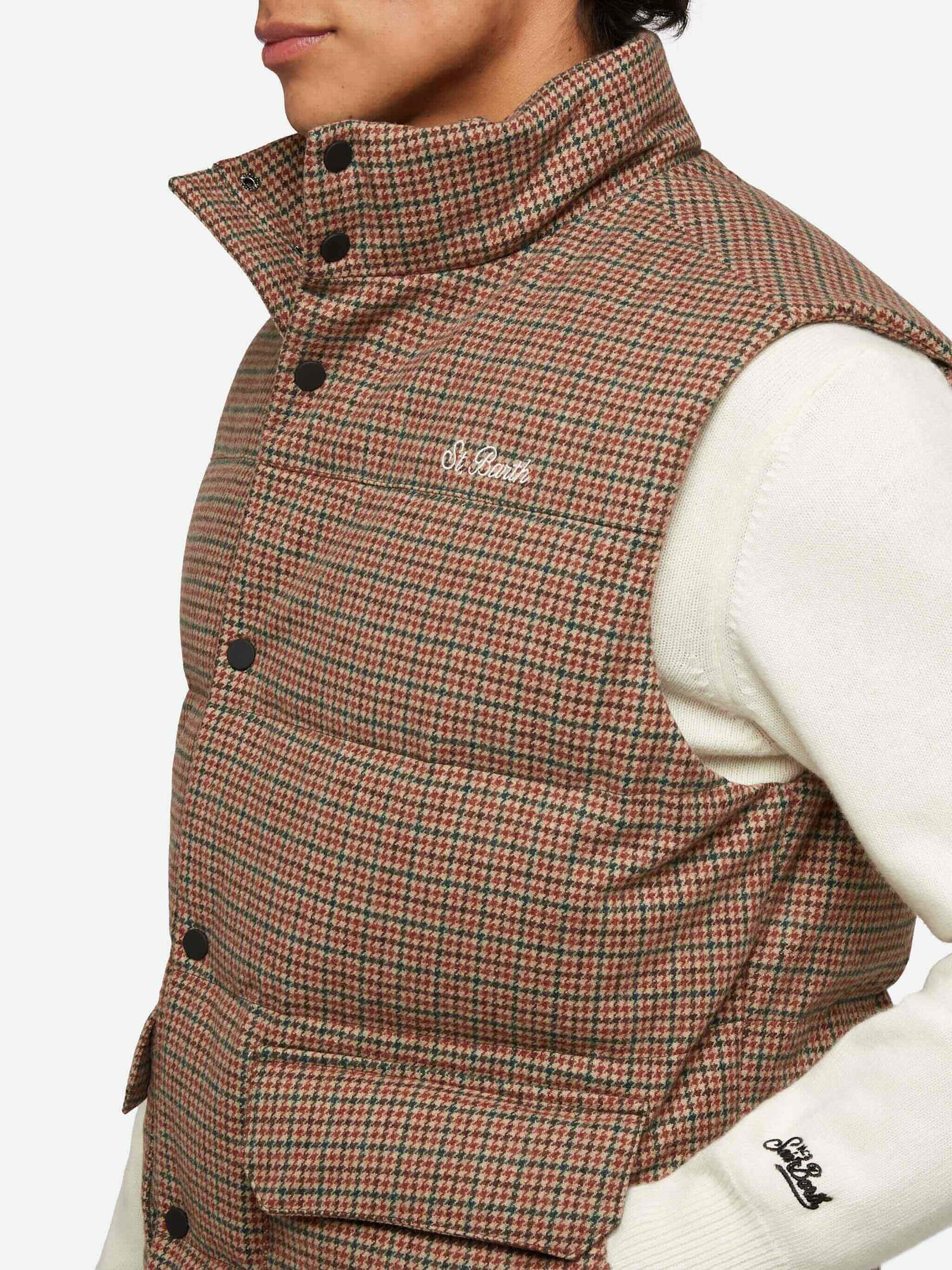 Mc2 Saint Barth Down Padded Vest Thunder With Pied De Poul Print In Green