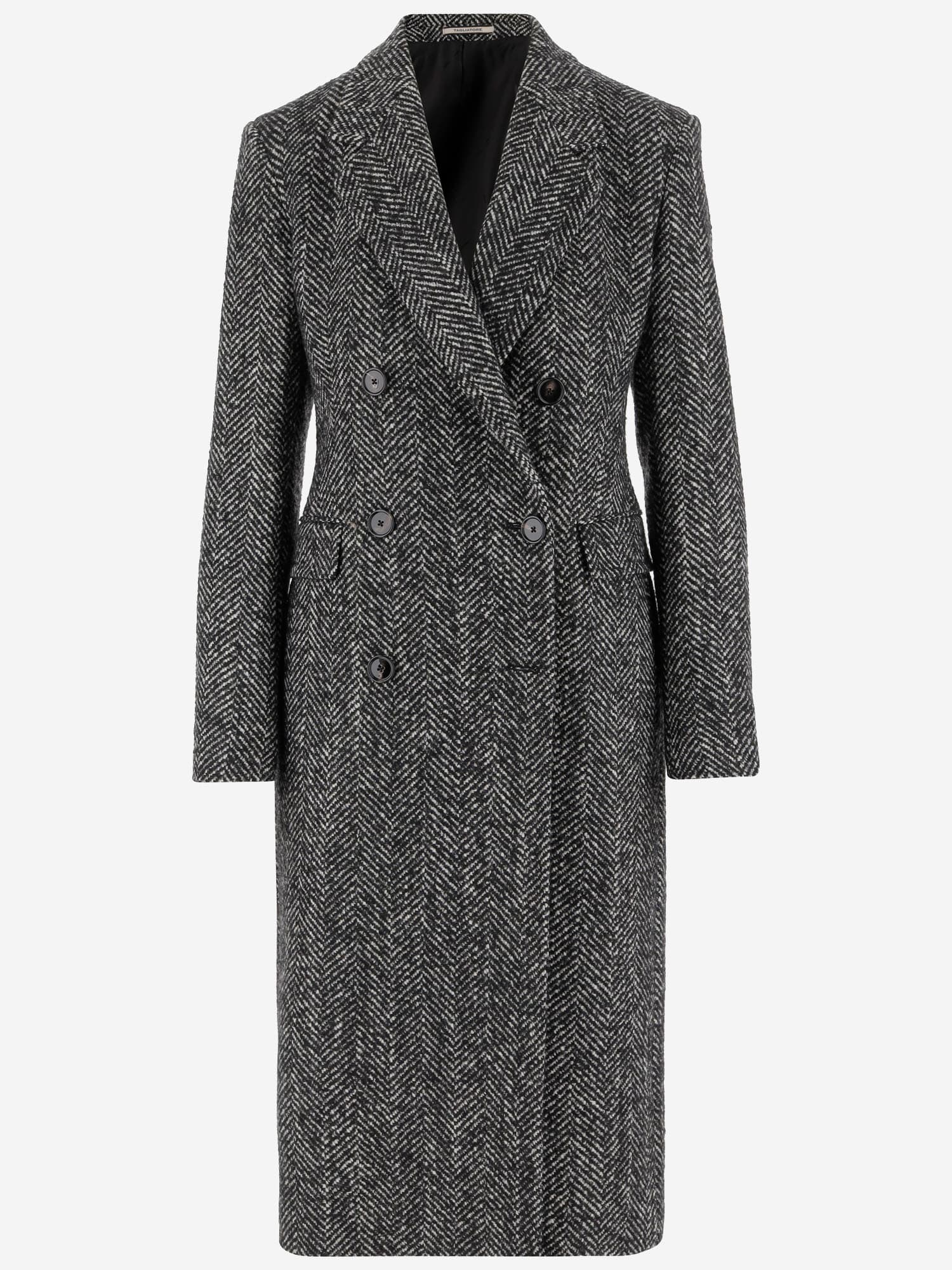 Tagliatore Wool Double-breasted Coat Herringbone Pattern In Black
