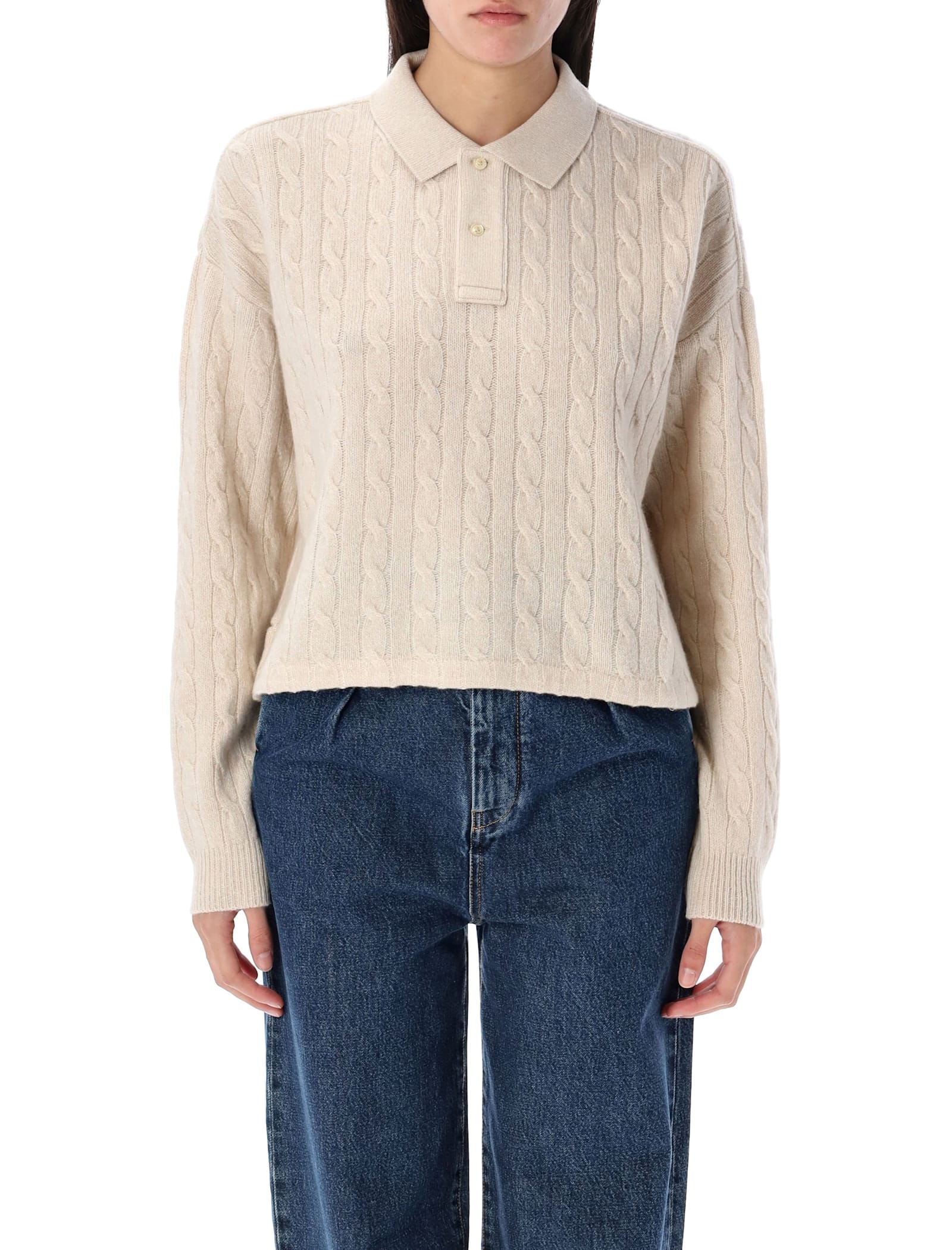 Shop Polo Ralph Lauren Cable Knit Polo Jumper In Beige