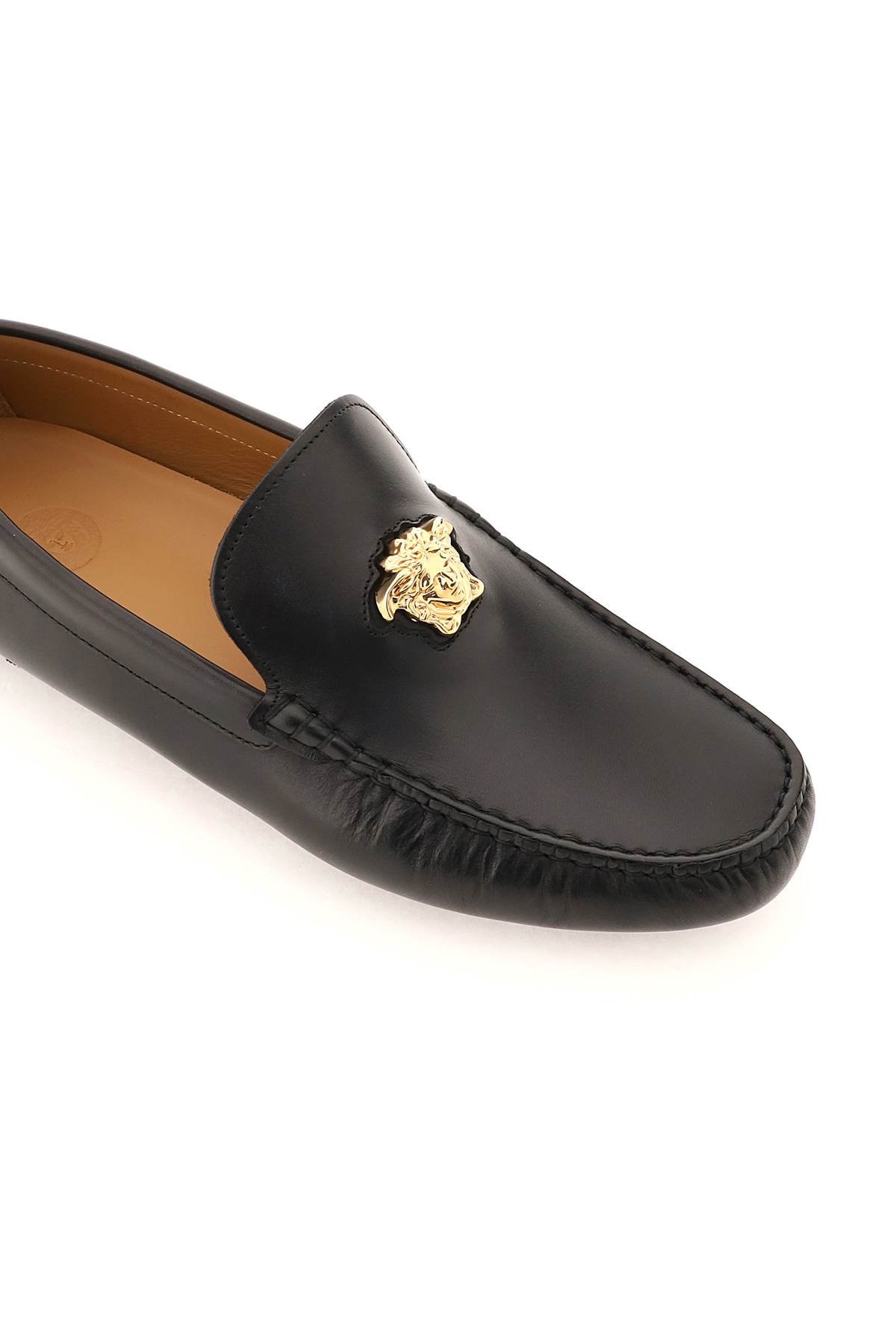 Shop Versace La Medusa Leather Loafers In Black  Gold (black)