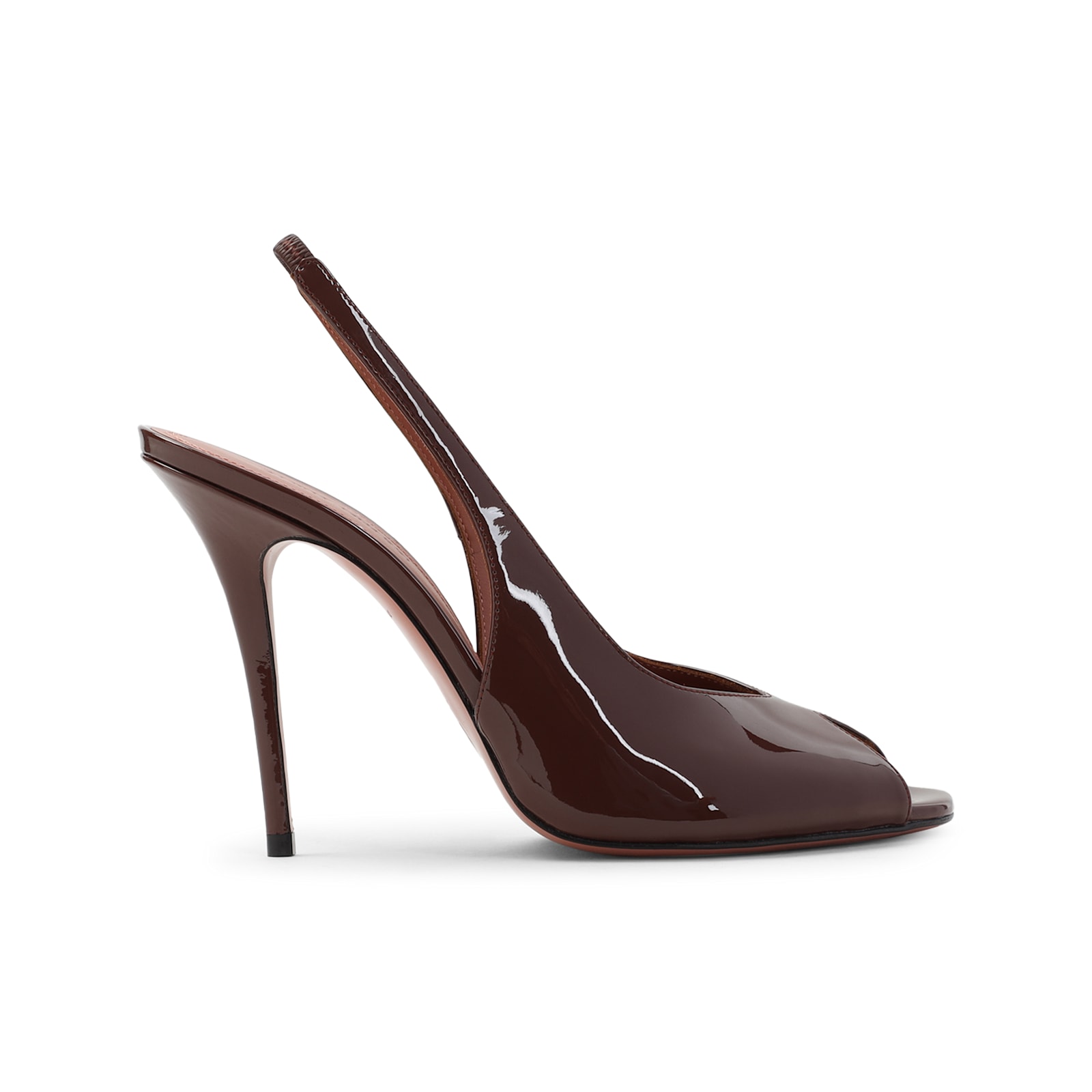 Amina Muaddi Open-toe Brown Patent Leather Stiletto Pumps In Chocolate