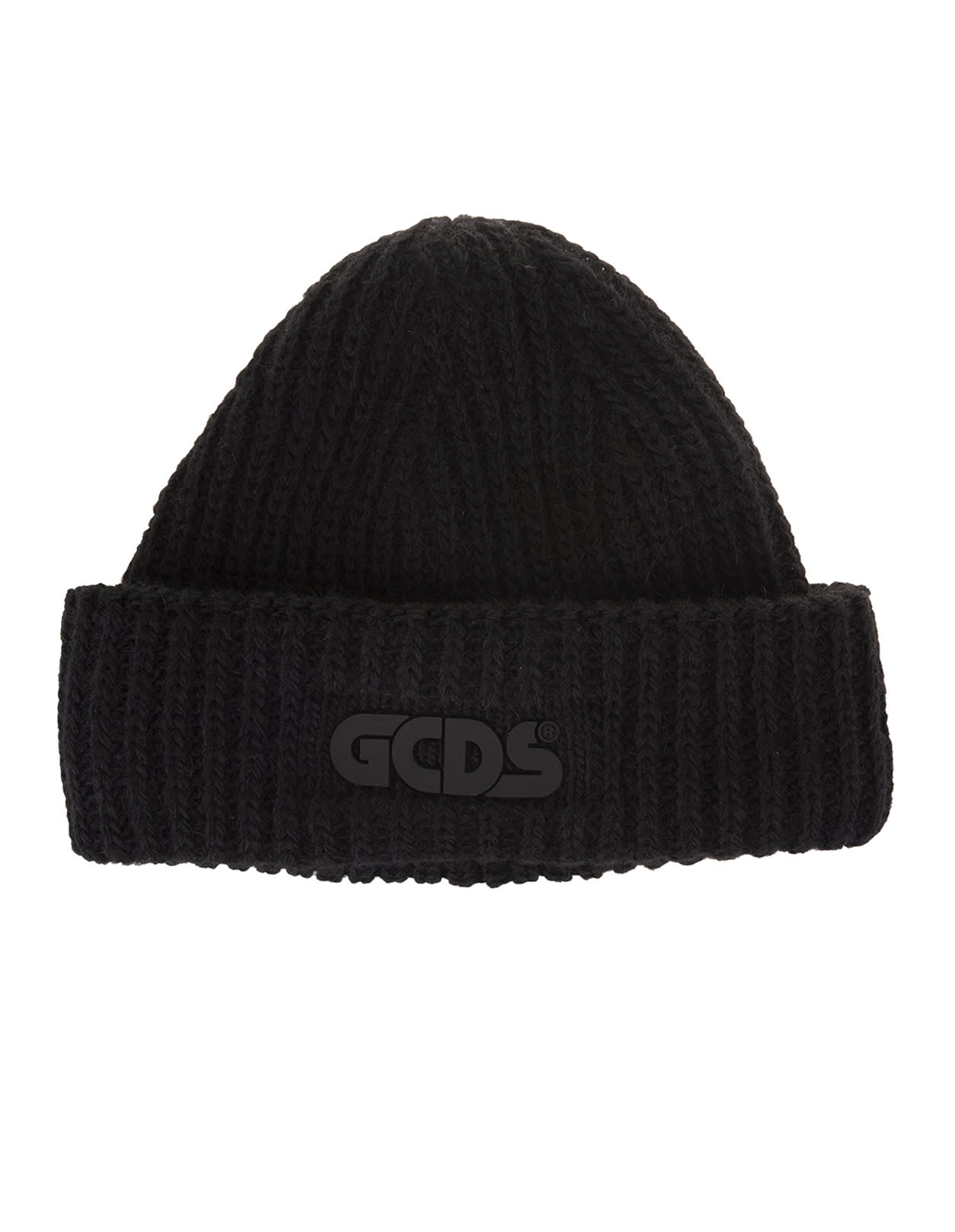GCDS Kids Black Ribbed Hat With Rubber Logo