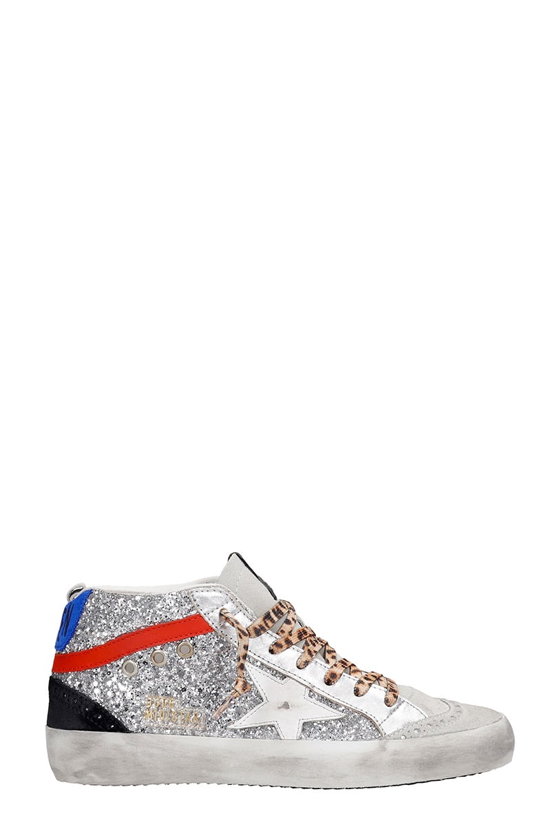 Buy Golden Goose Mid Star Sneakers In Silver Glitter online, shop Golden Goose shoes with free shipping