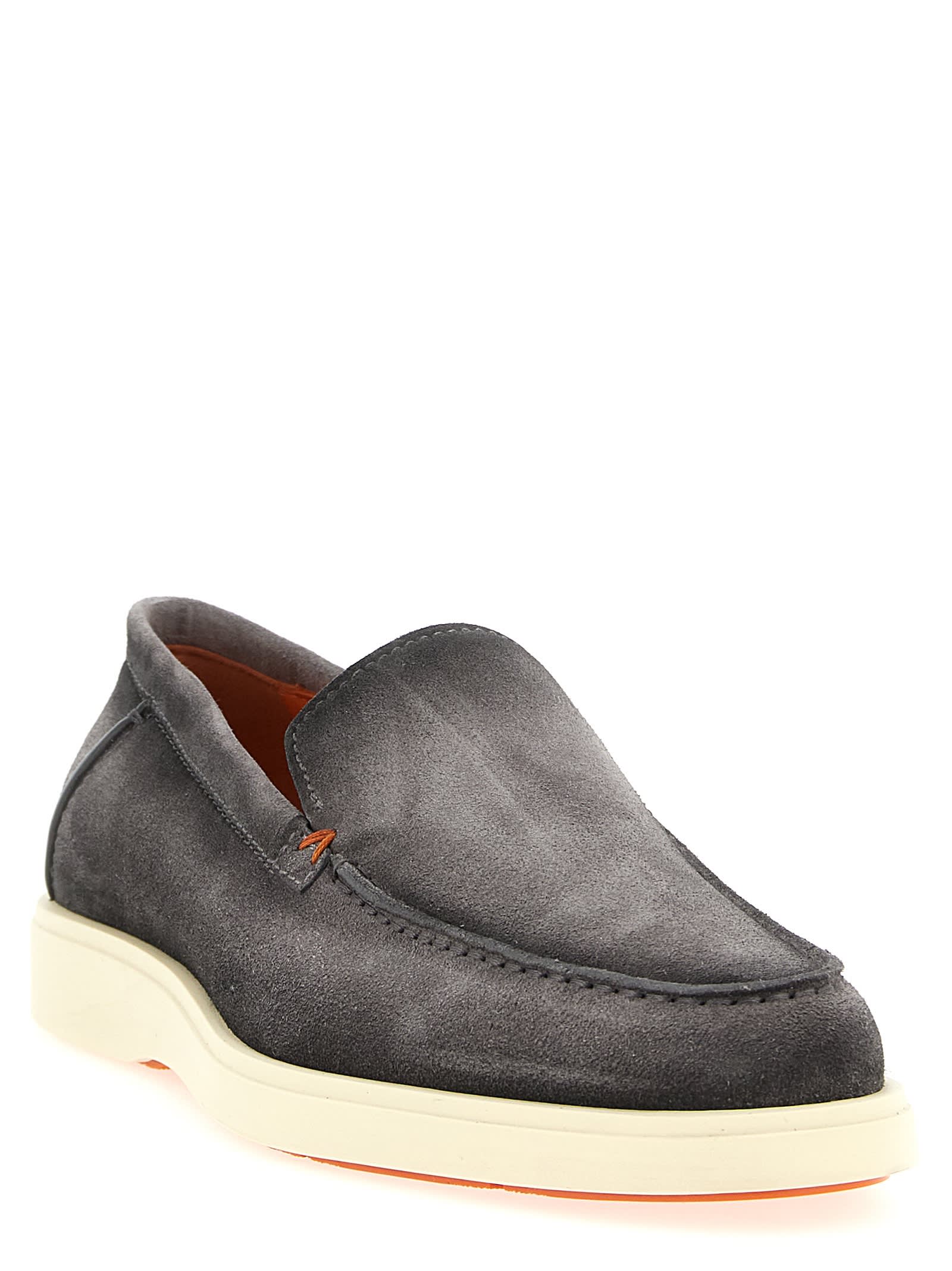 Santoni Suede Loafers With Round Toe And Contrast Sole In Brown