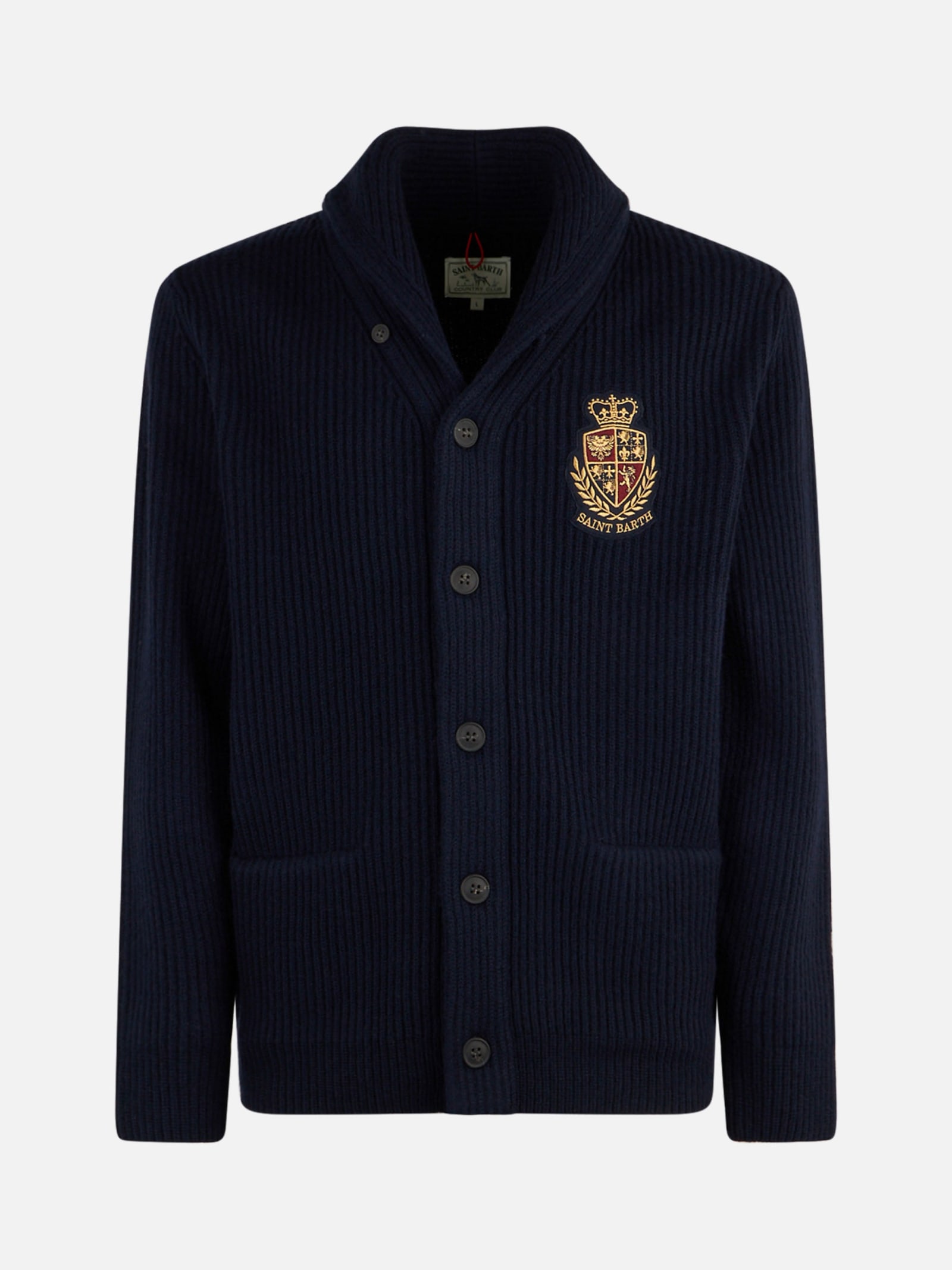 Mc2 Saint Barth Man Shawl Collar Blue Ribbed Cardigan With Pockets And Patch In Blue
