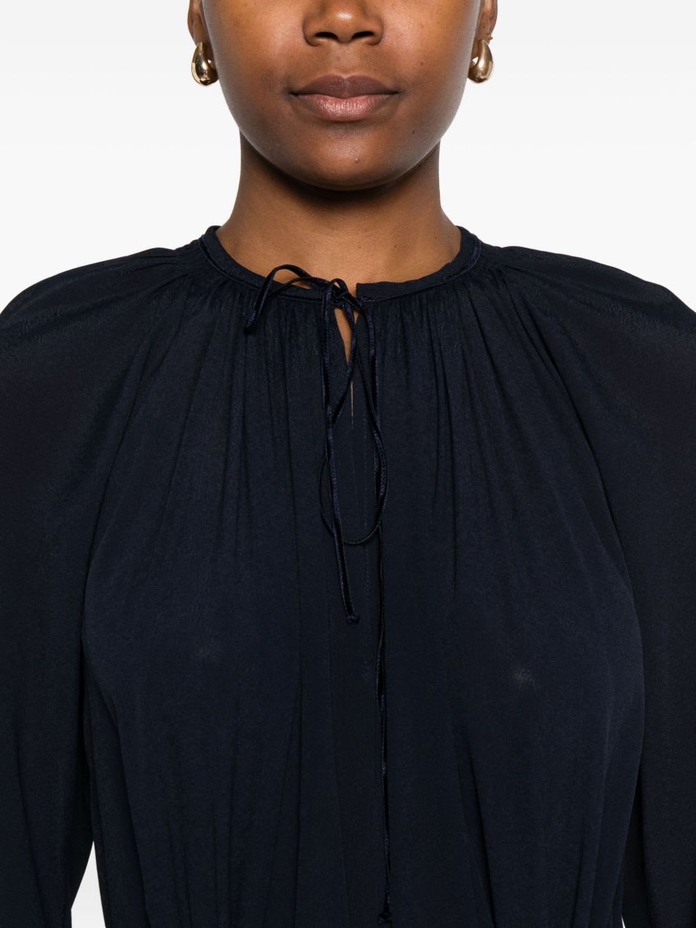 Forte Forte Long Dress With A-line Skirt And Tie Neck In Blue