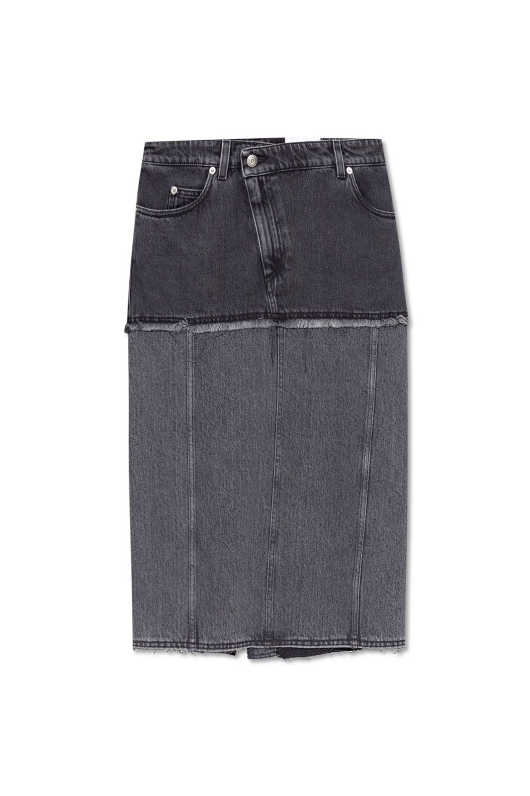 Shop Alexander Mcqueen Two-toned Raw Edge Denim Skirt In Black