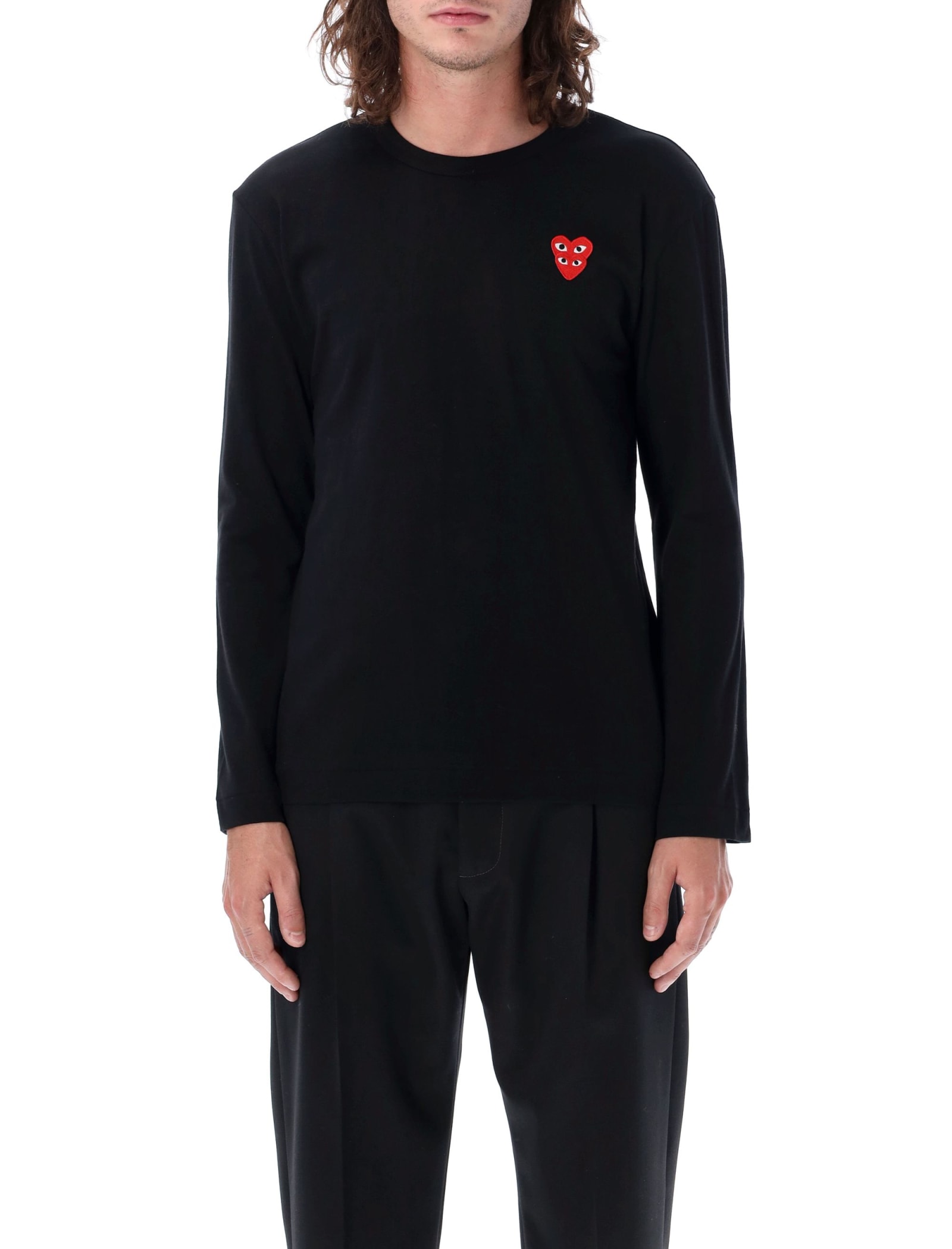 Comme Des Garçons Play Double Heart L/s Tee In Black