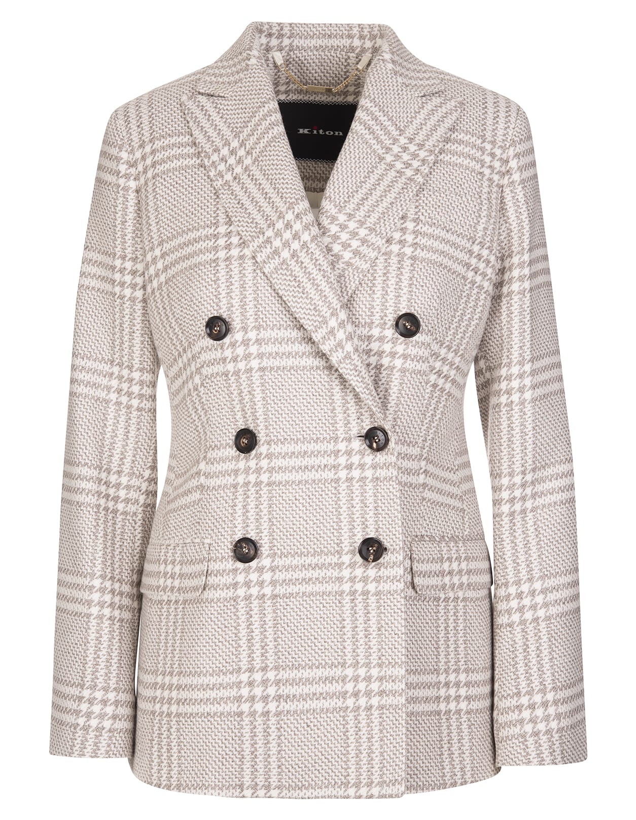 Kiton Woman Beige Double-breasted Blazer In Cashmere And Silk With Prince Of Wales Pattern