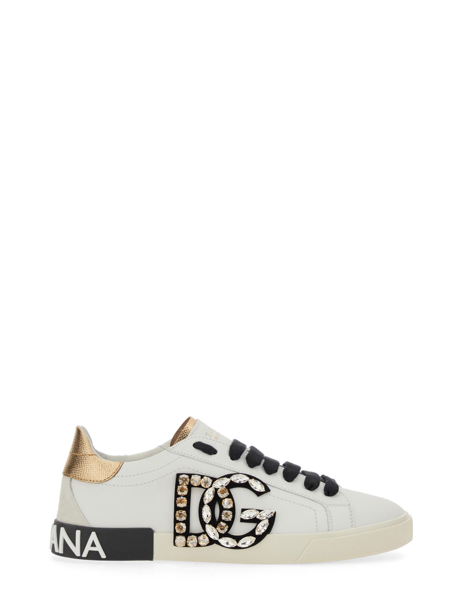 Dolce & Gabbana Portofino Vintage Leather Sneakers With Rhinestone Dg In White / Gold