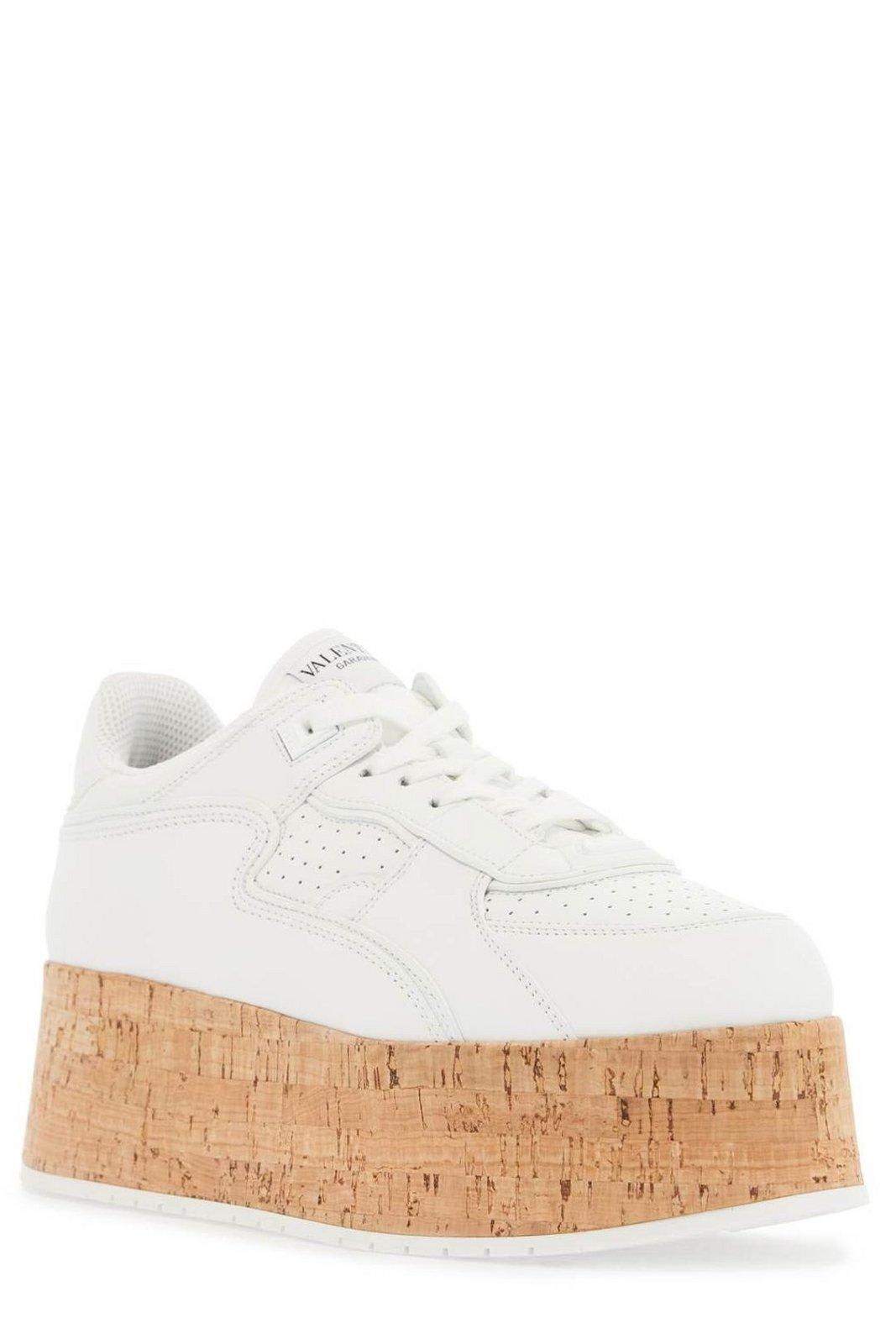 Valentino Leather Platform Sneakers Perforated Detailing In White