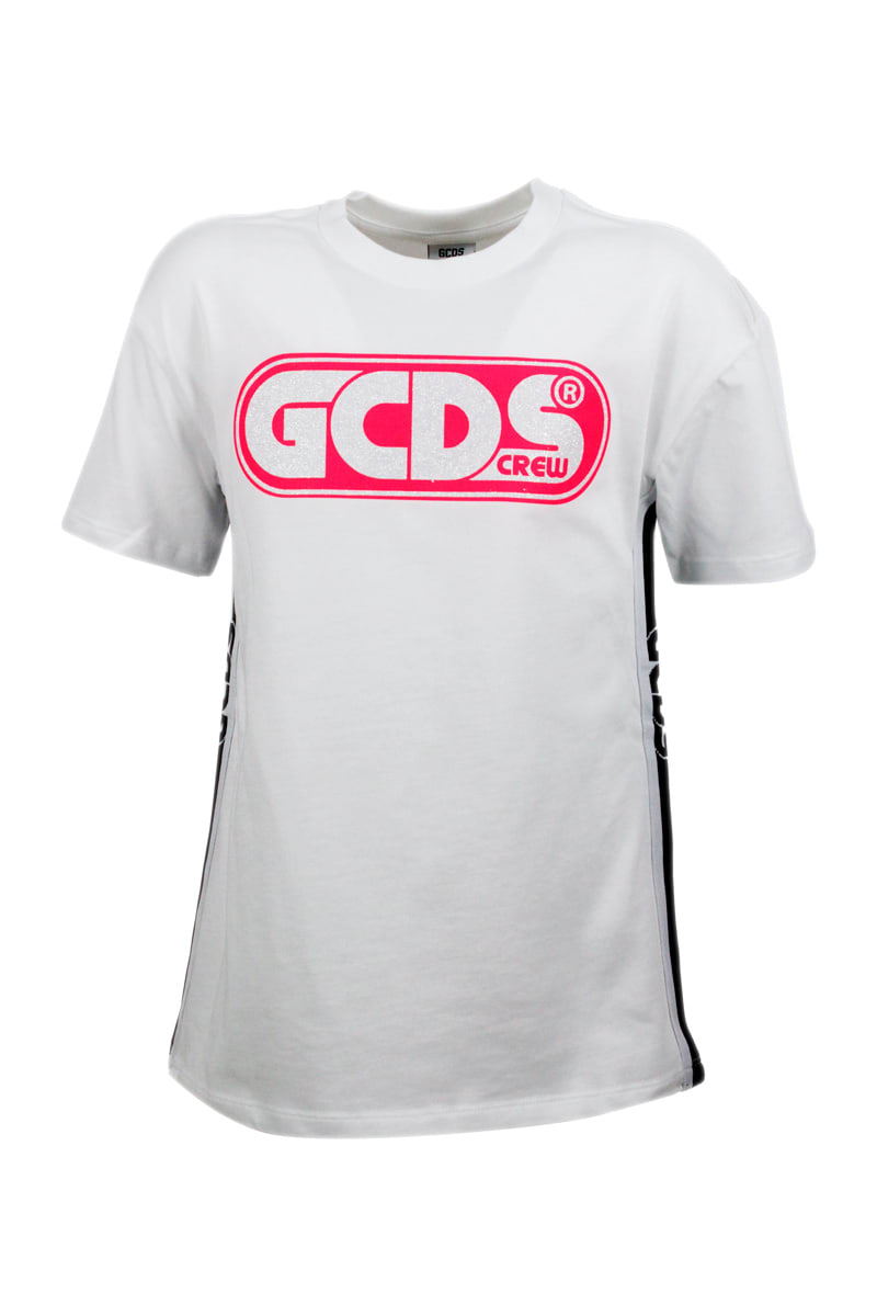 Shop Gcds Short Sleeve Dress With Fluo And Lurex Writing In White