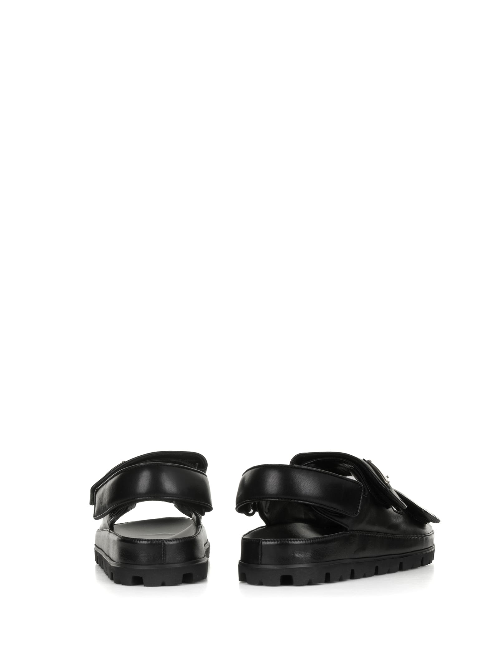 Shop Prada Leather Sandal With Logo Plaque In Nero