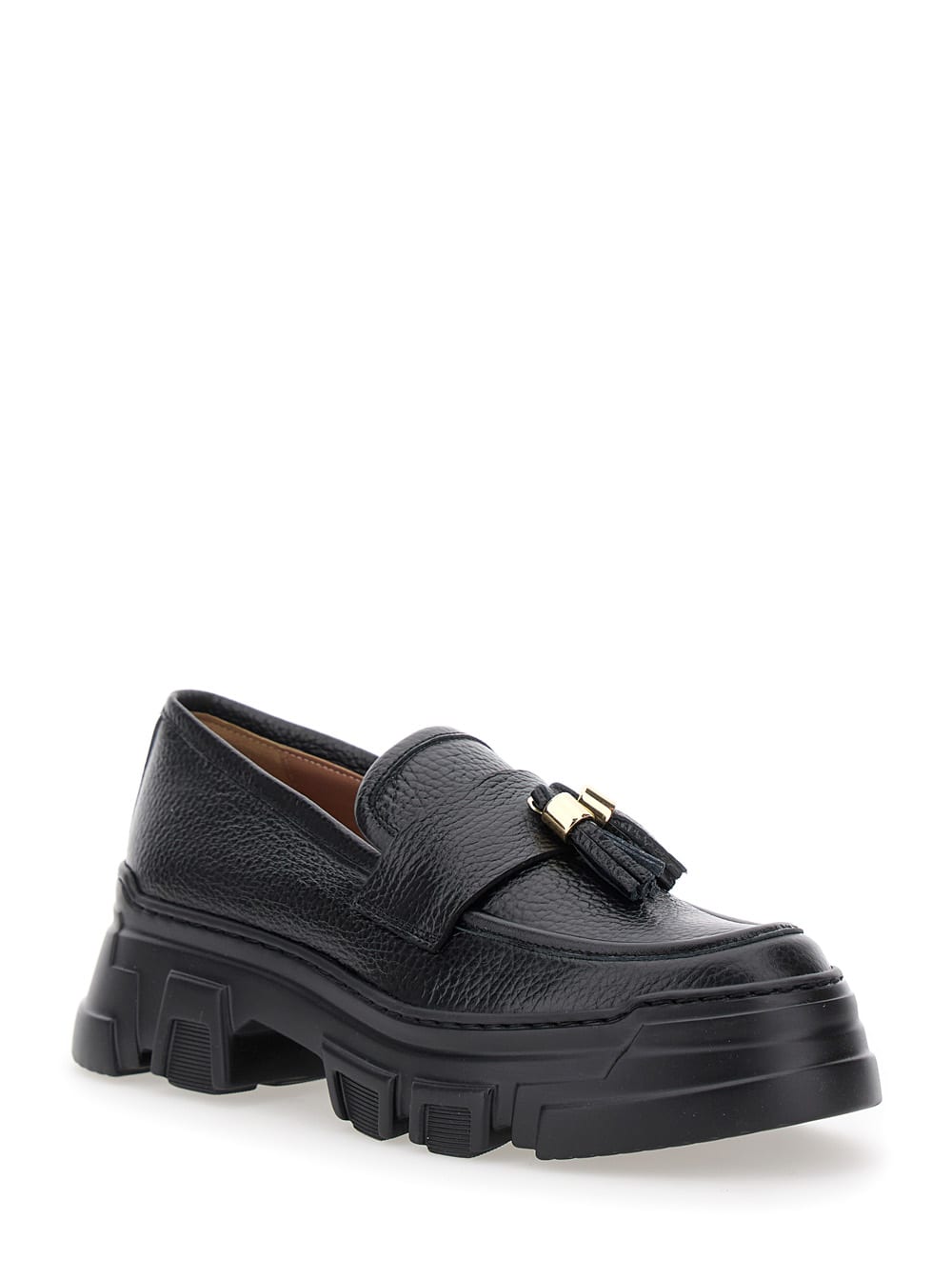 Shop Pollini Black Loafers With Tassel And Platform In Hammered Leather Woman