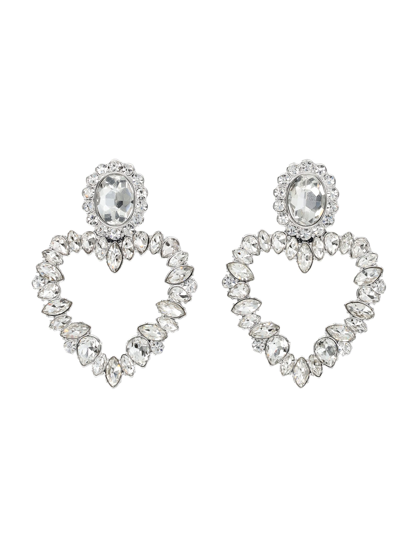 Shop Self-portrait Crystal Heart Earrings In Silver