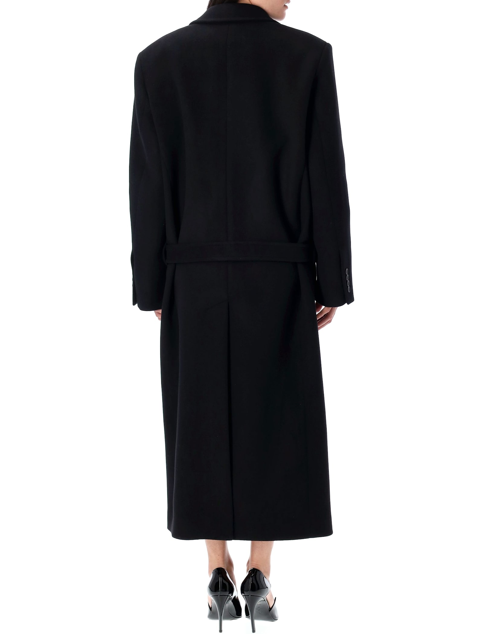Attico Belted Long Coat In Black