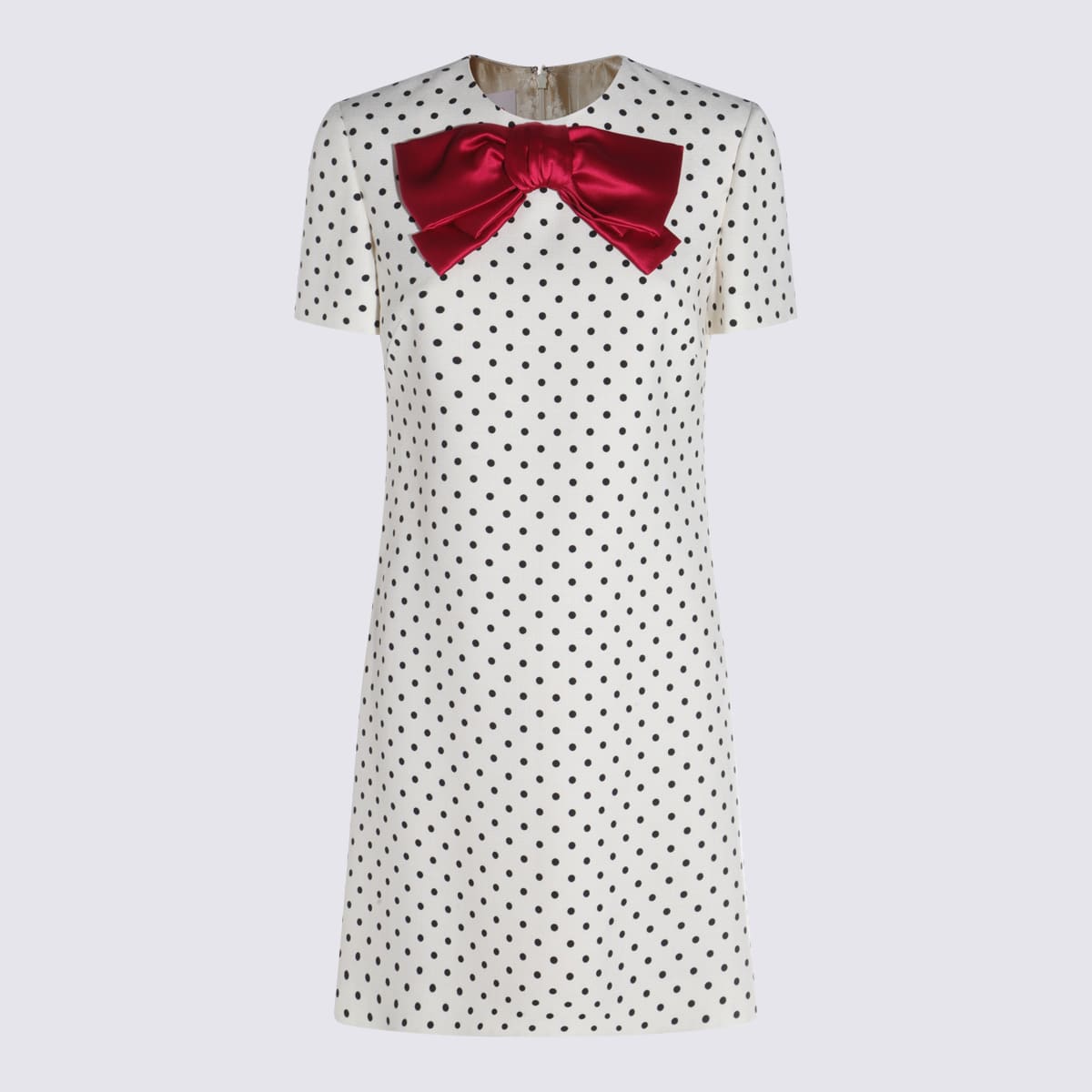 Valentino Garavani Polka Dot Satin Bow Tweed Shift Dress In White