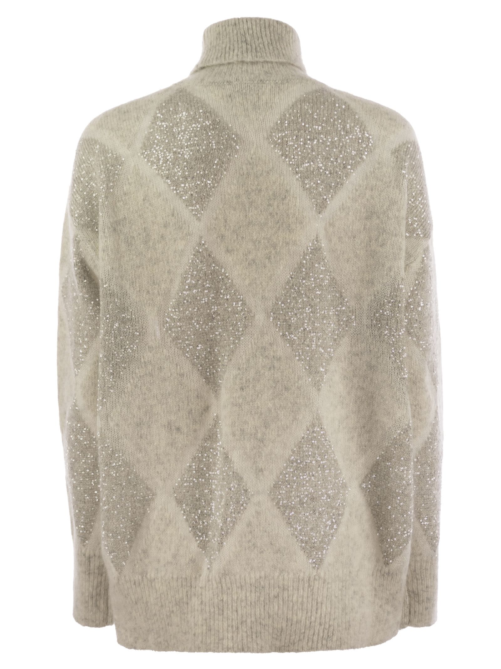 Brunello Cucinelli Dazzling Argyle Wool And Mohair Sweater In Pearl