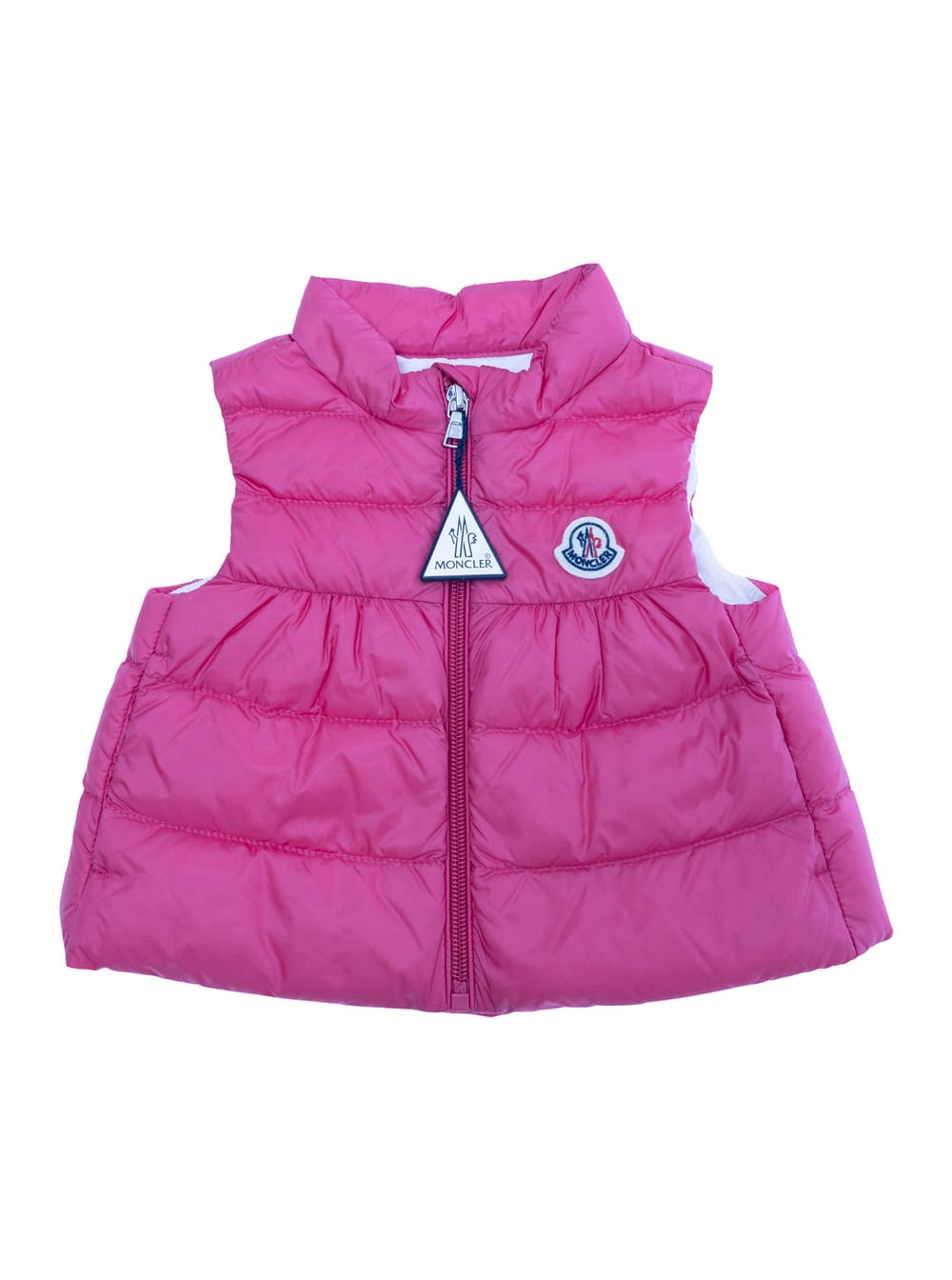 Moncler Hiva Fuchsia Sleeveless Down Jacket With Logo Patch On The Front In Tech Fabric Baby In Pink
