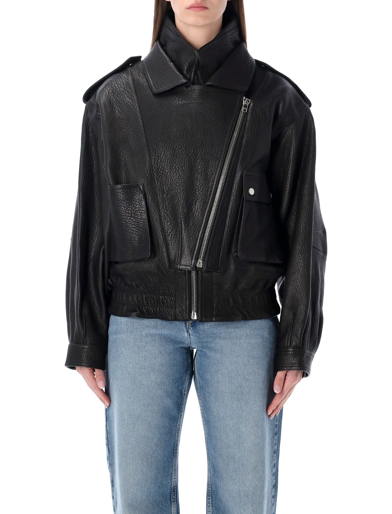 Isabel Marant Aneli Double-collar Leather Bomber Jacket In Black